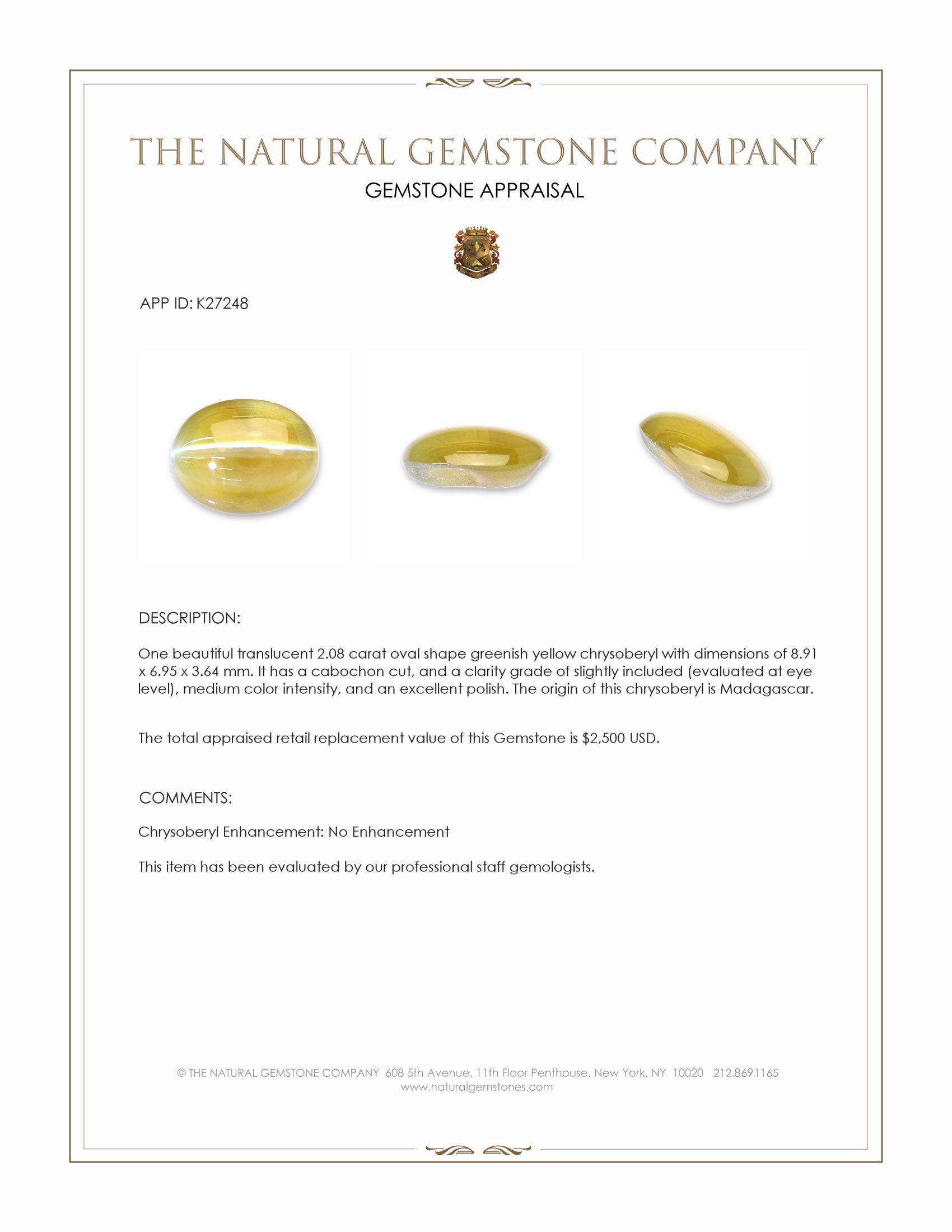 2.08 Ct. Greenish Yellow Cabochon Chrysoberyl from Madagascar