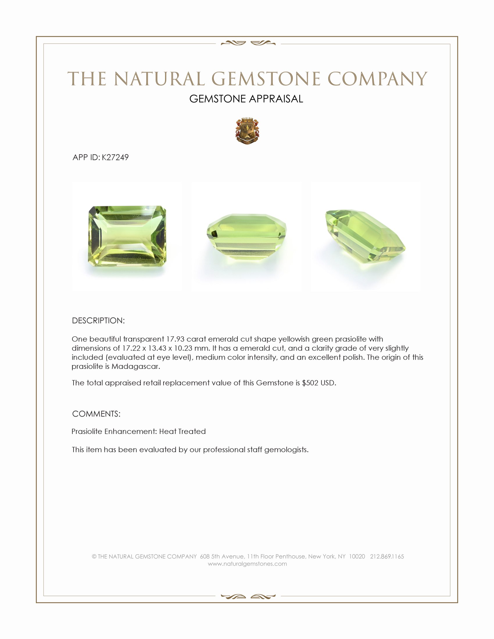 17.93 Ct. Yellowish Green Prasiolite from Madagascar