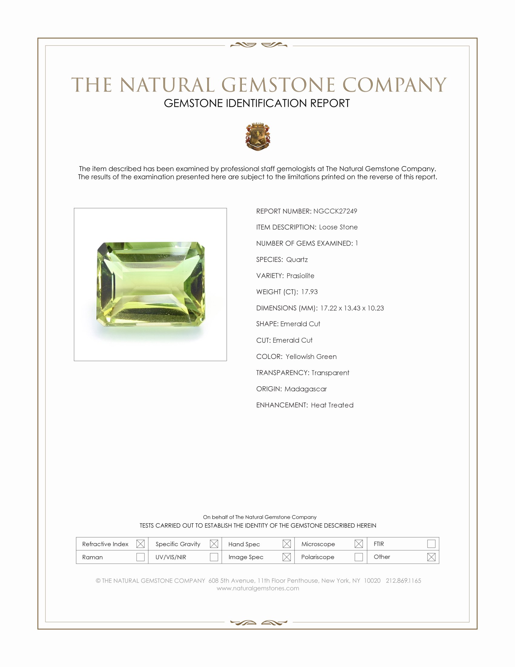 17.93 Ct. Yellowish Green Prasiolite from Madagascar