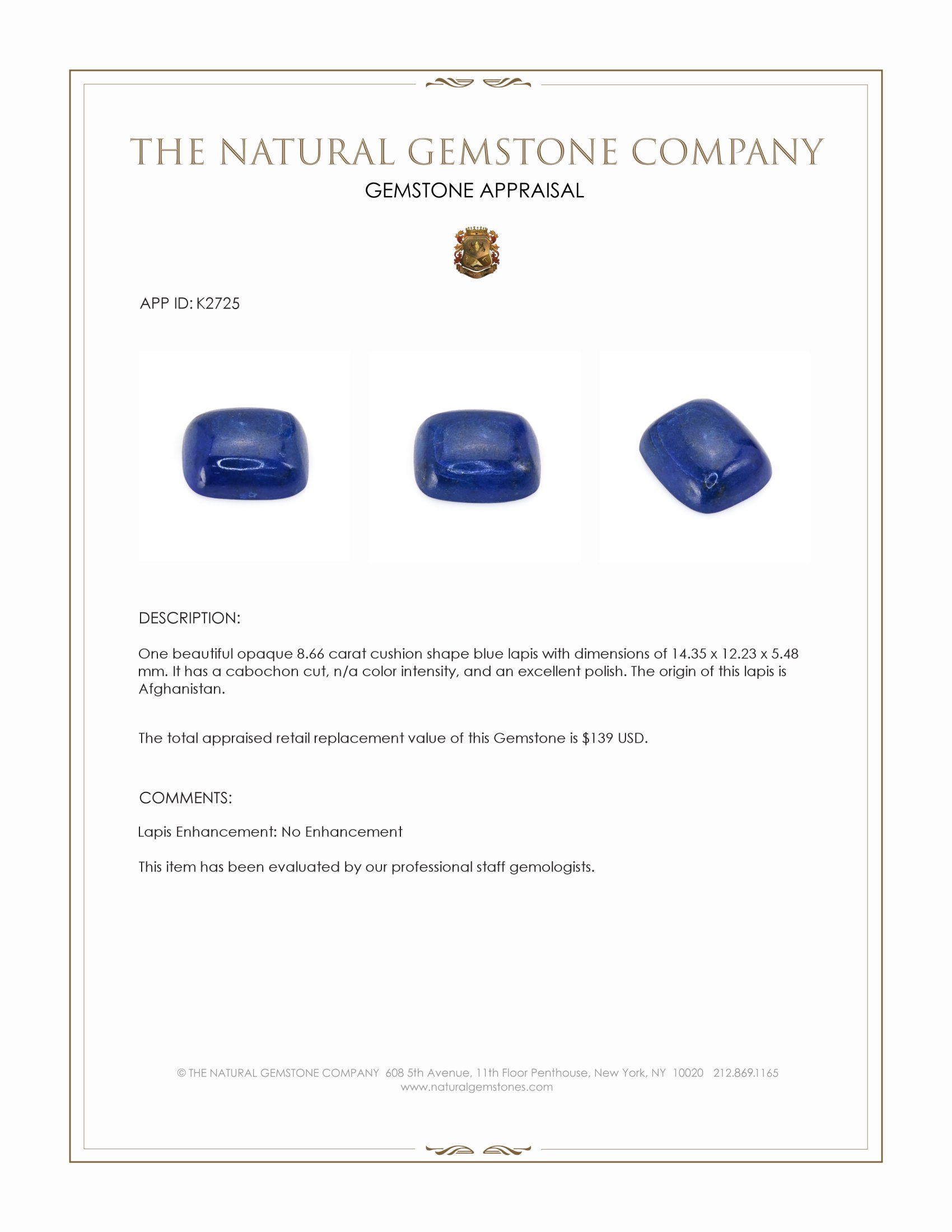 8.66 Ct. Cabochon Lapis from Afghanistan