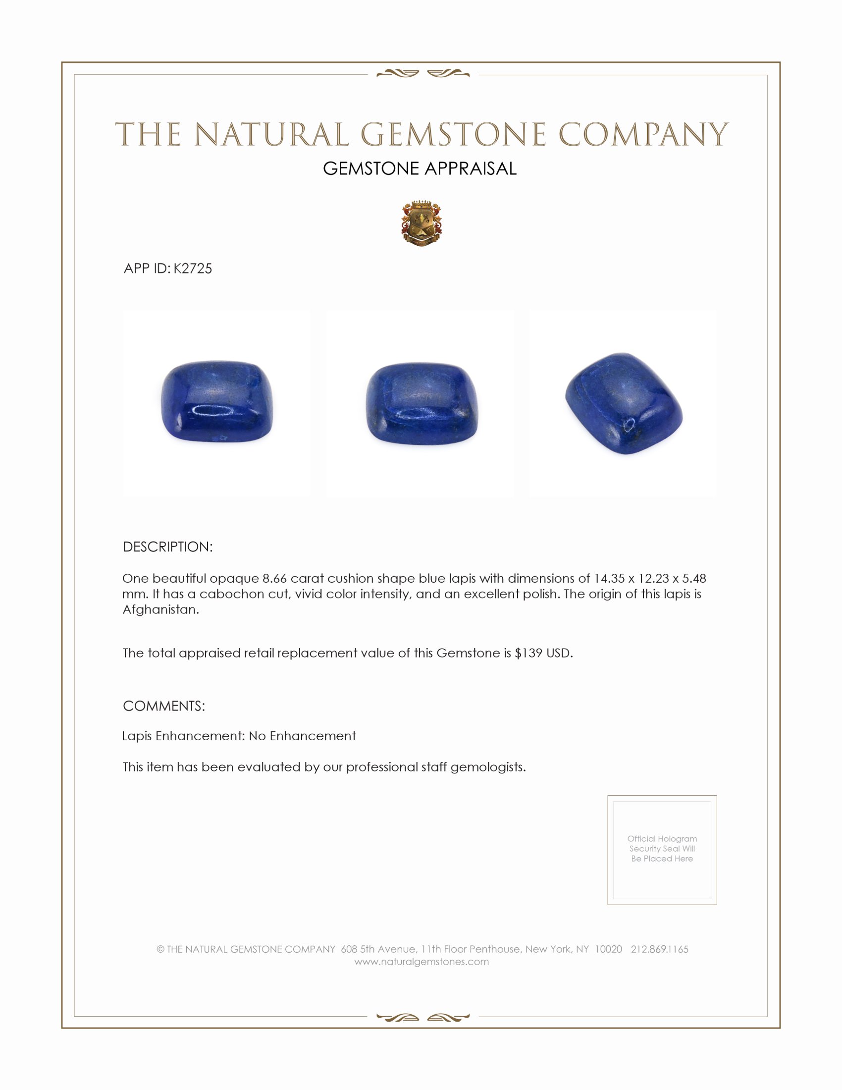 8.66 Ct. Cabochon Lapis from Afghanistan