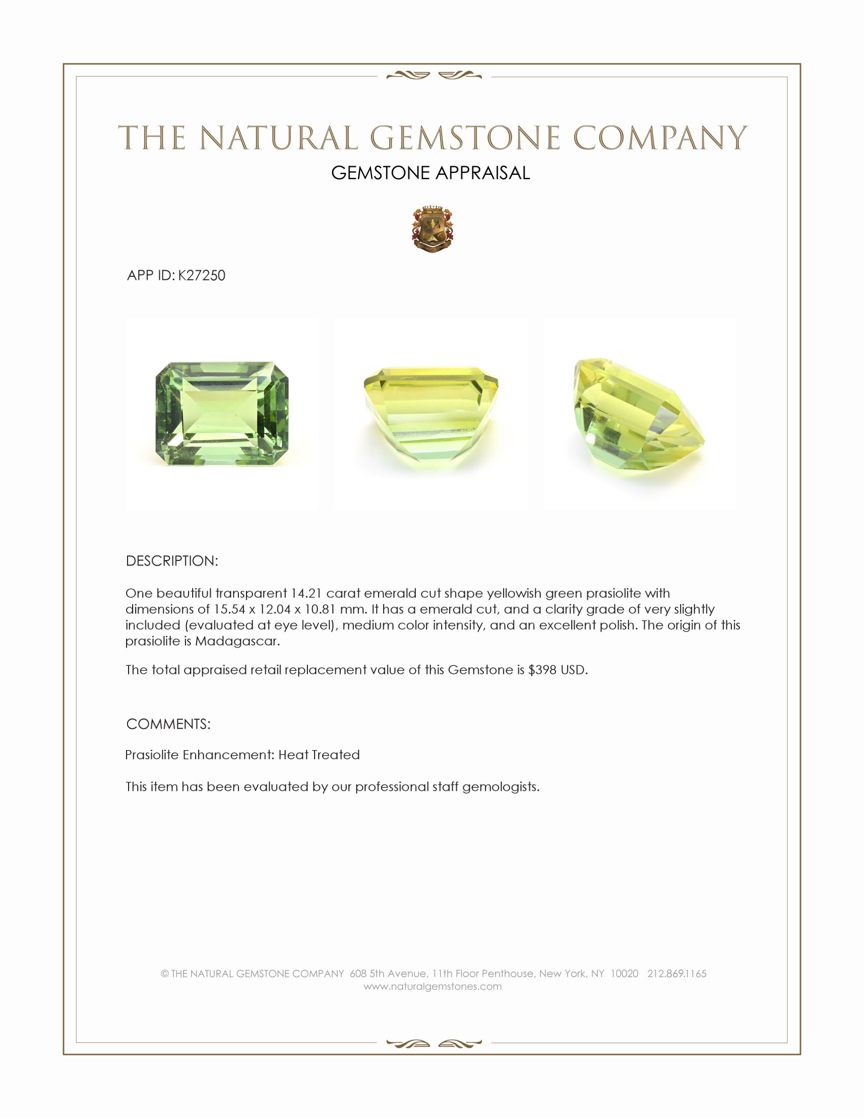 14.21 Ct. Yellowish Green Prasiolite from Madagascar