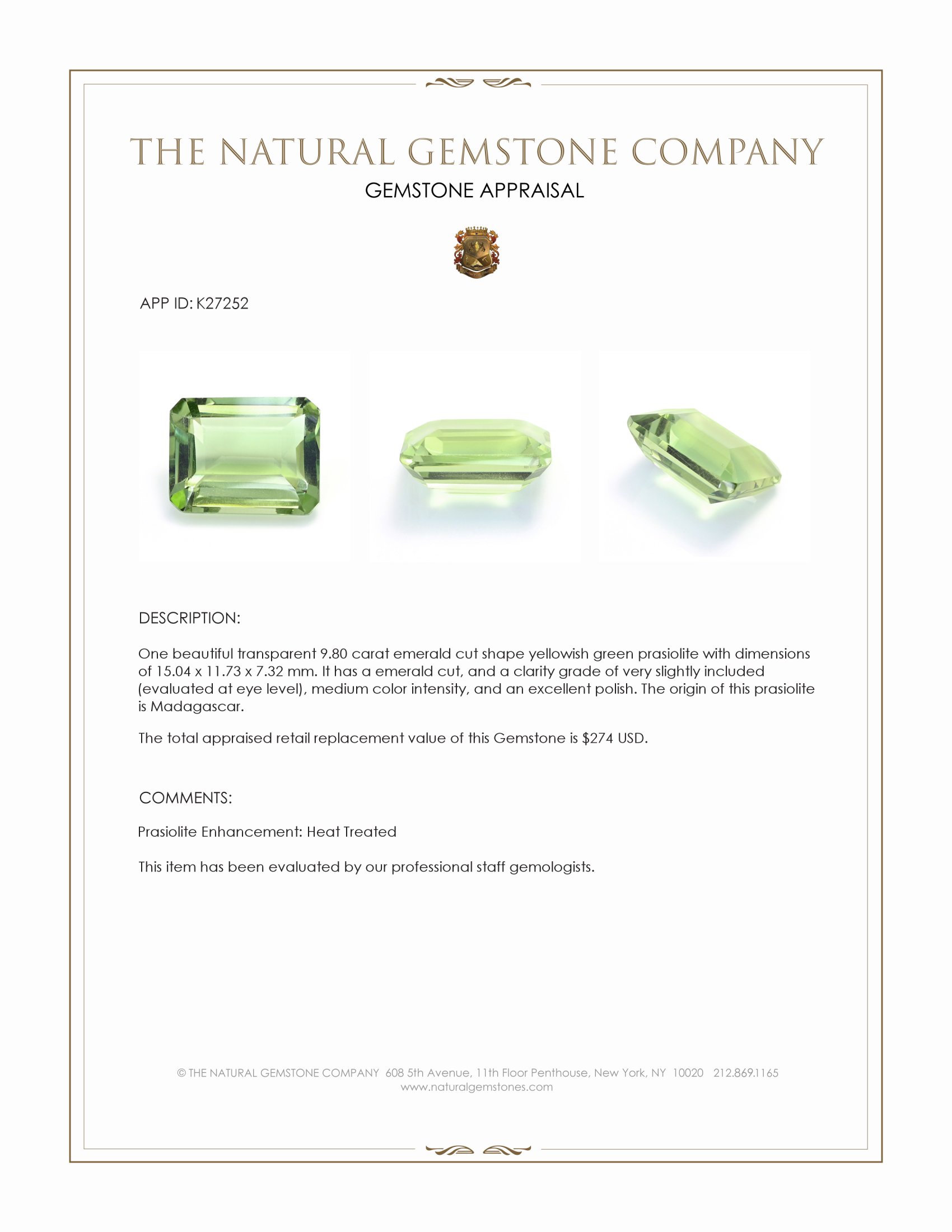 9.80 Ct. Yellowish Green Prasiolite from Madagascar