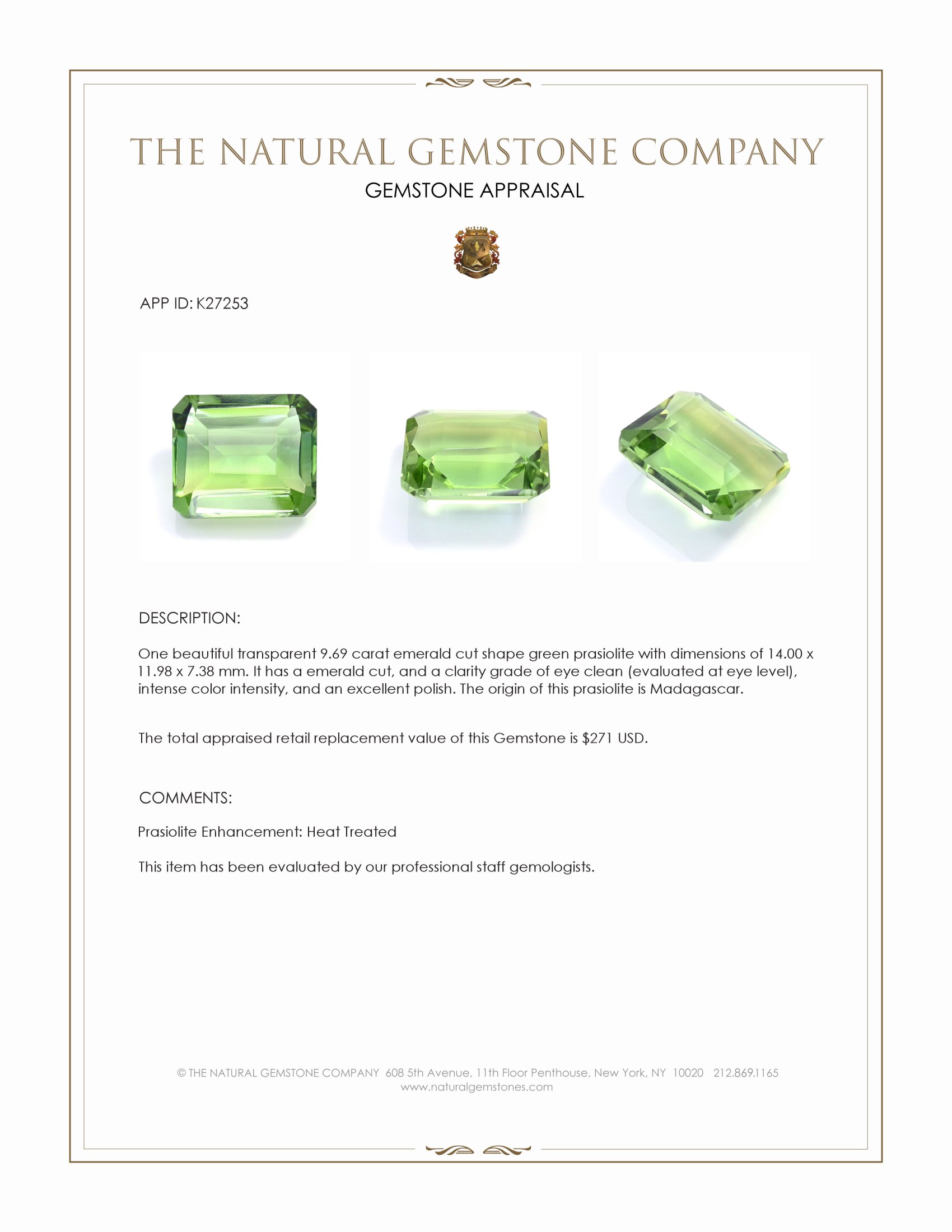 9.69 Ct. Green Prasiolite from Madagascar
