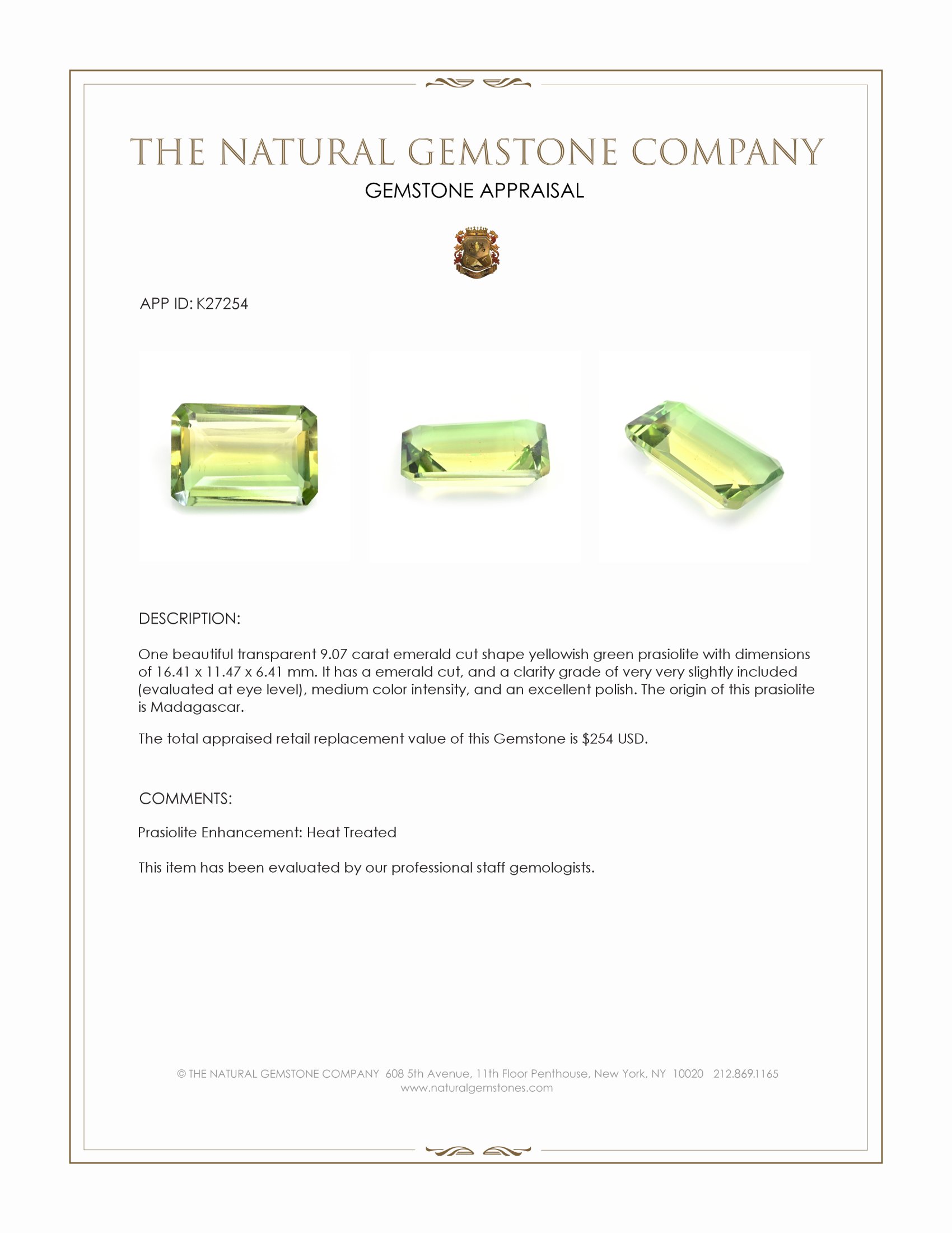 9.07 Ct. Yellowish Green Prasiolite from Madagascar