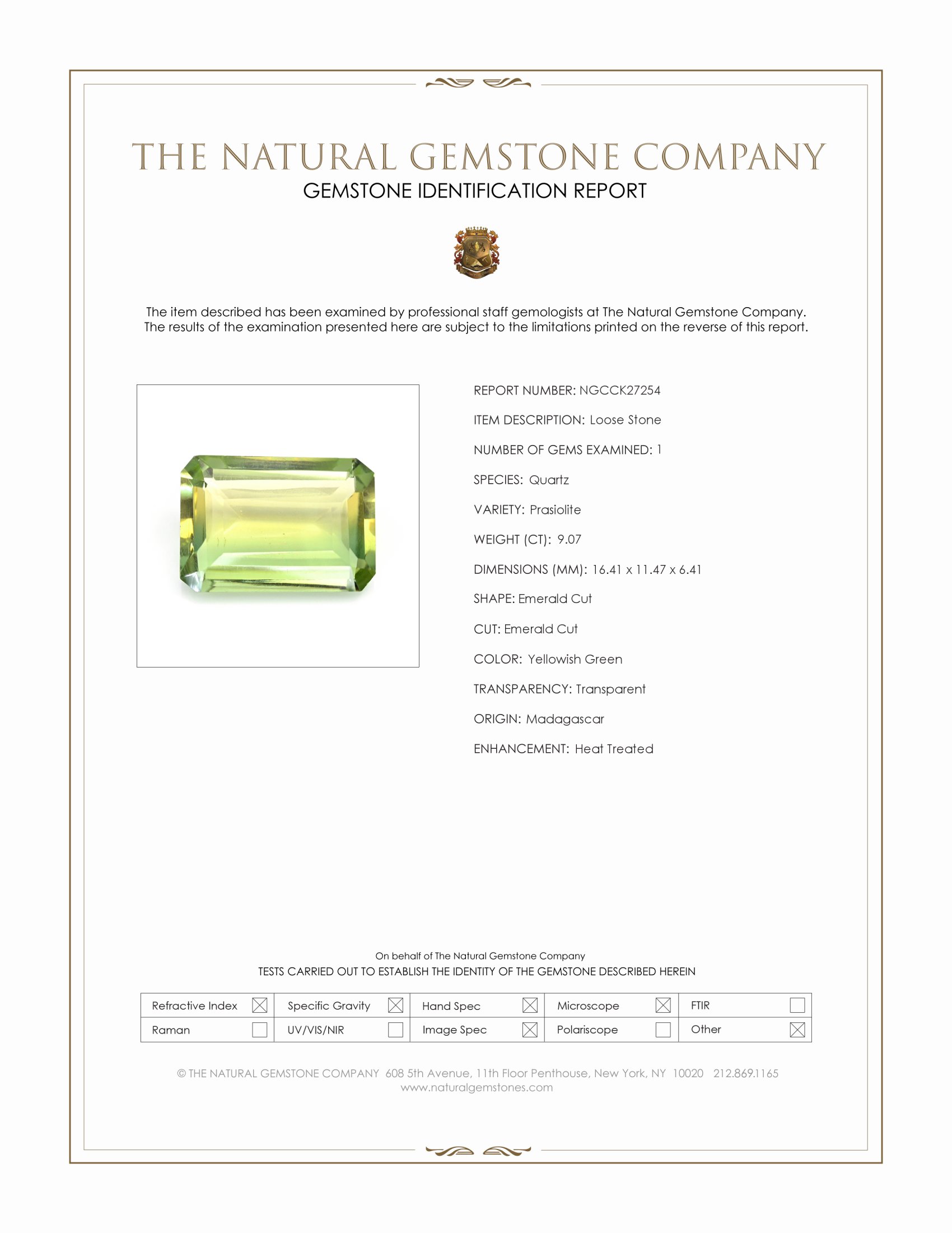 9.07 Ct. Yellowish Green Prasiolite from Madagascar