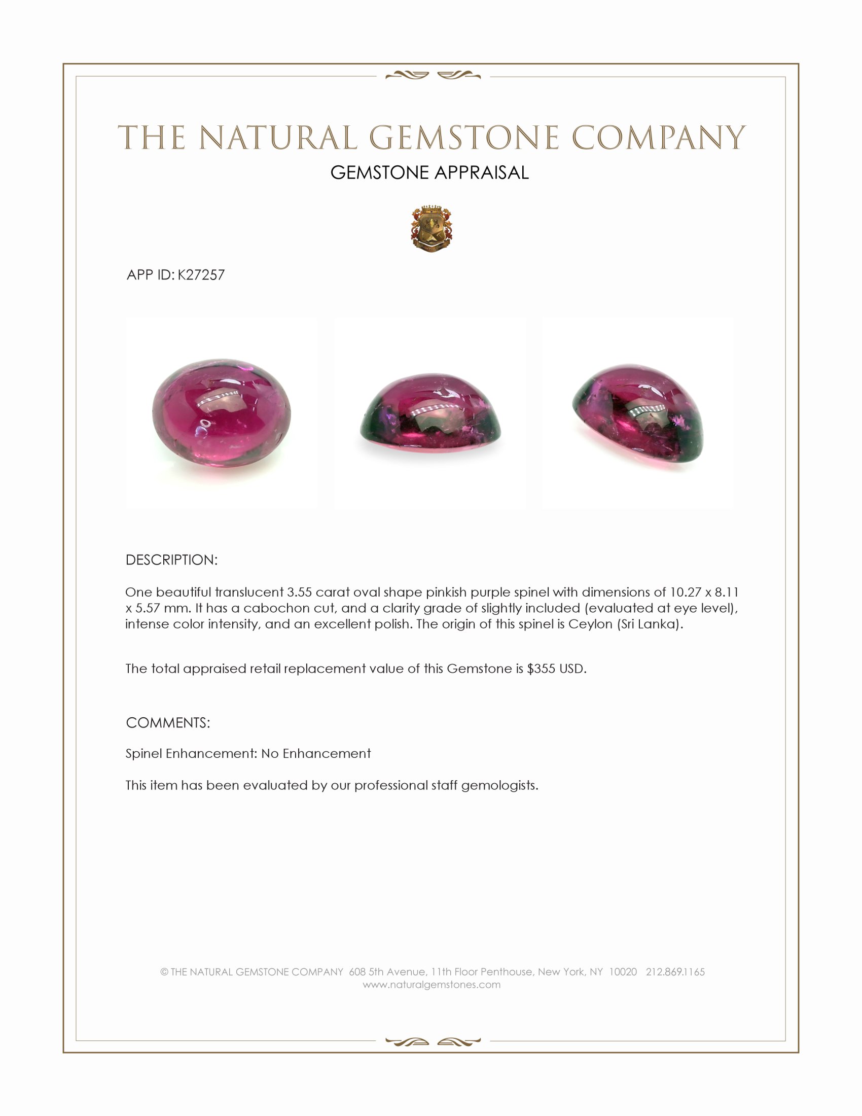 3.55 Ct. Pinkish Purple Cabochon Spinel from Ceylon (Sri Lanka)