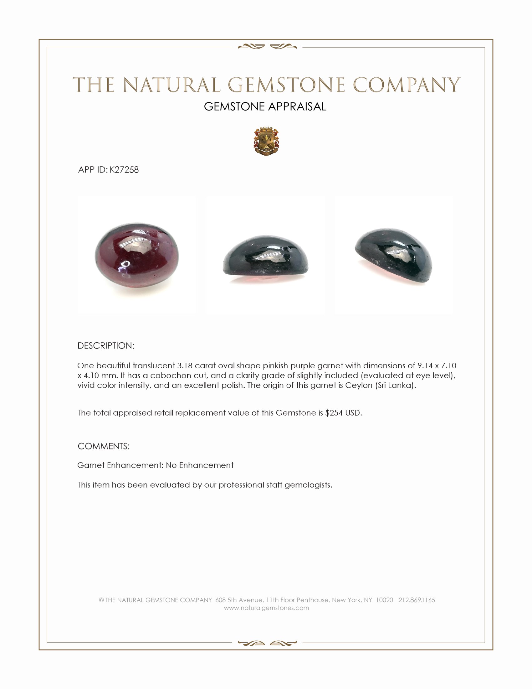3.18 Ct. Pinkish Purple Cabochon Garnet from Ceylon (Sri Lanka)