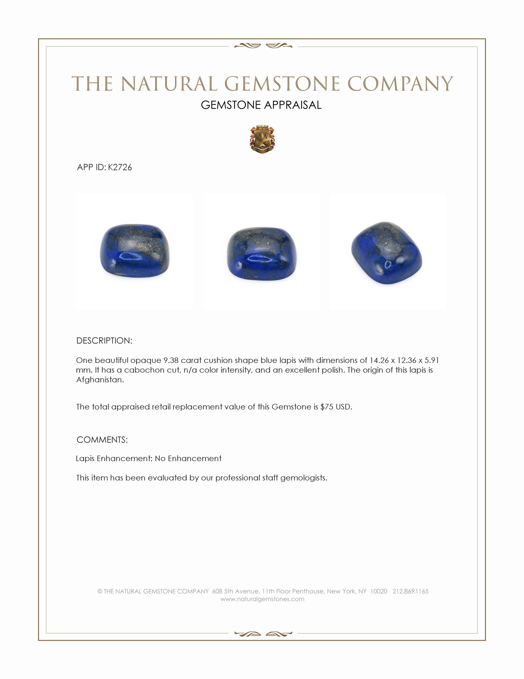 9.38 Ct. Cabochon Lapis from Afghanistan