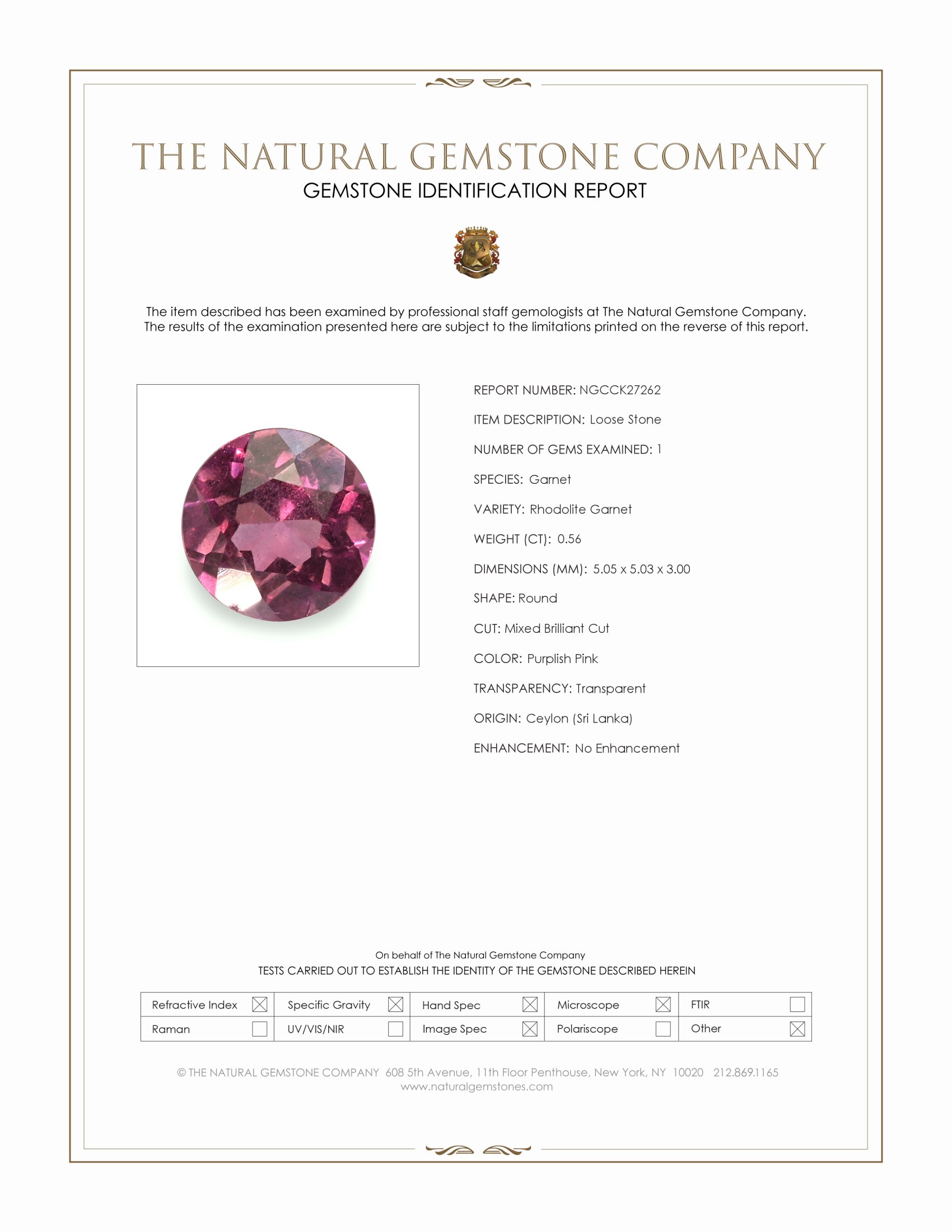 0.56 Ct. Purplish Pink Rhodolite Garnet from Ceylon (Sri Lanka)