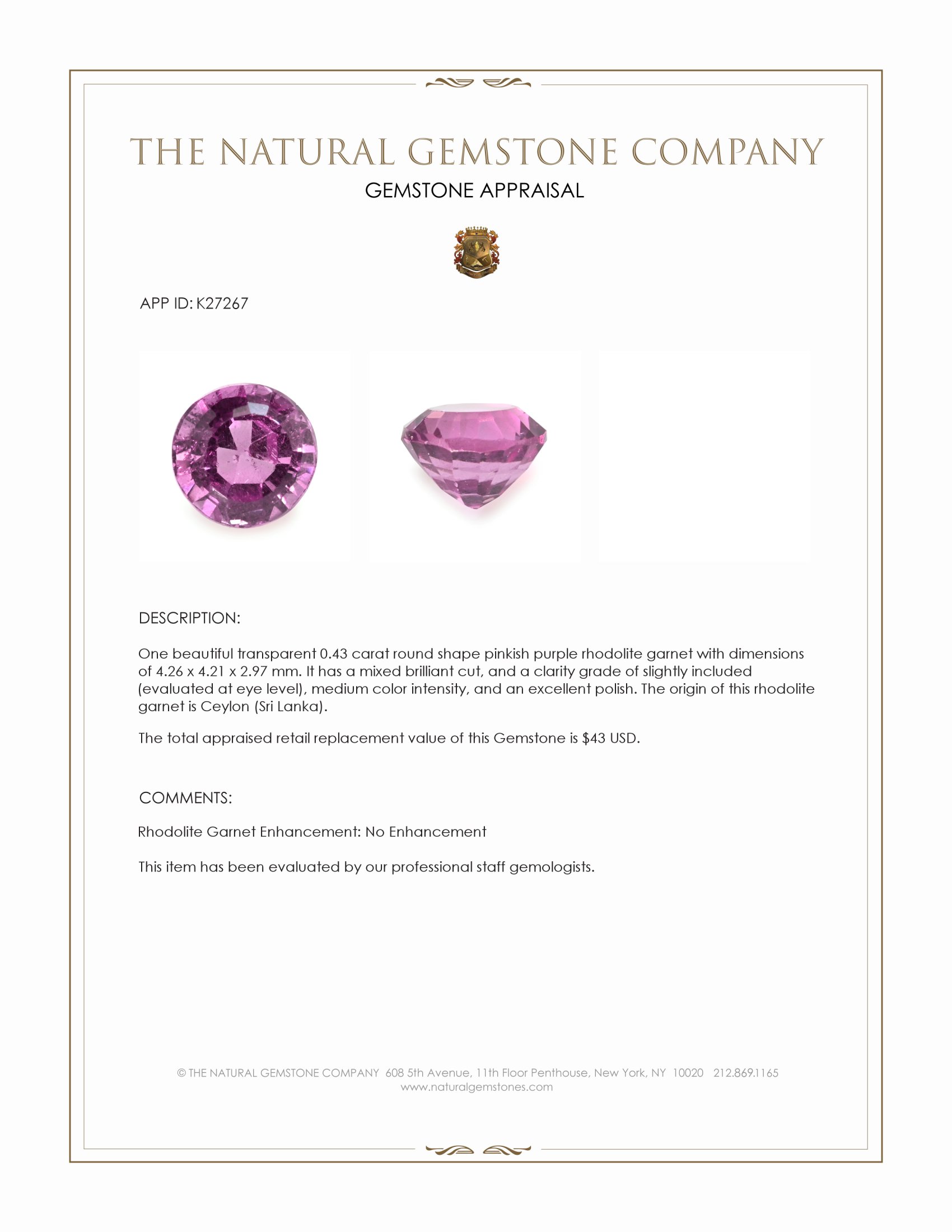 0.43 Ct. Pinkish Purple Rhodolite Garnet from Ceylon (Sri Lanka)