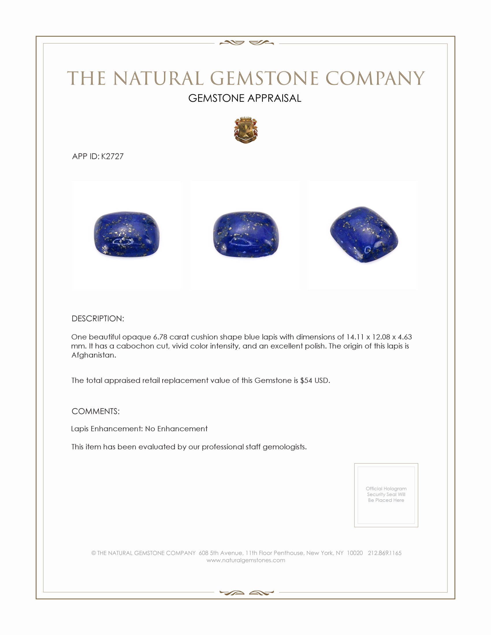 6.78 Ct. Cabochon Lapis from Afghanistan