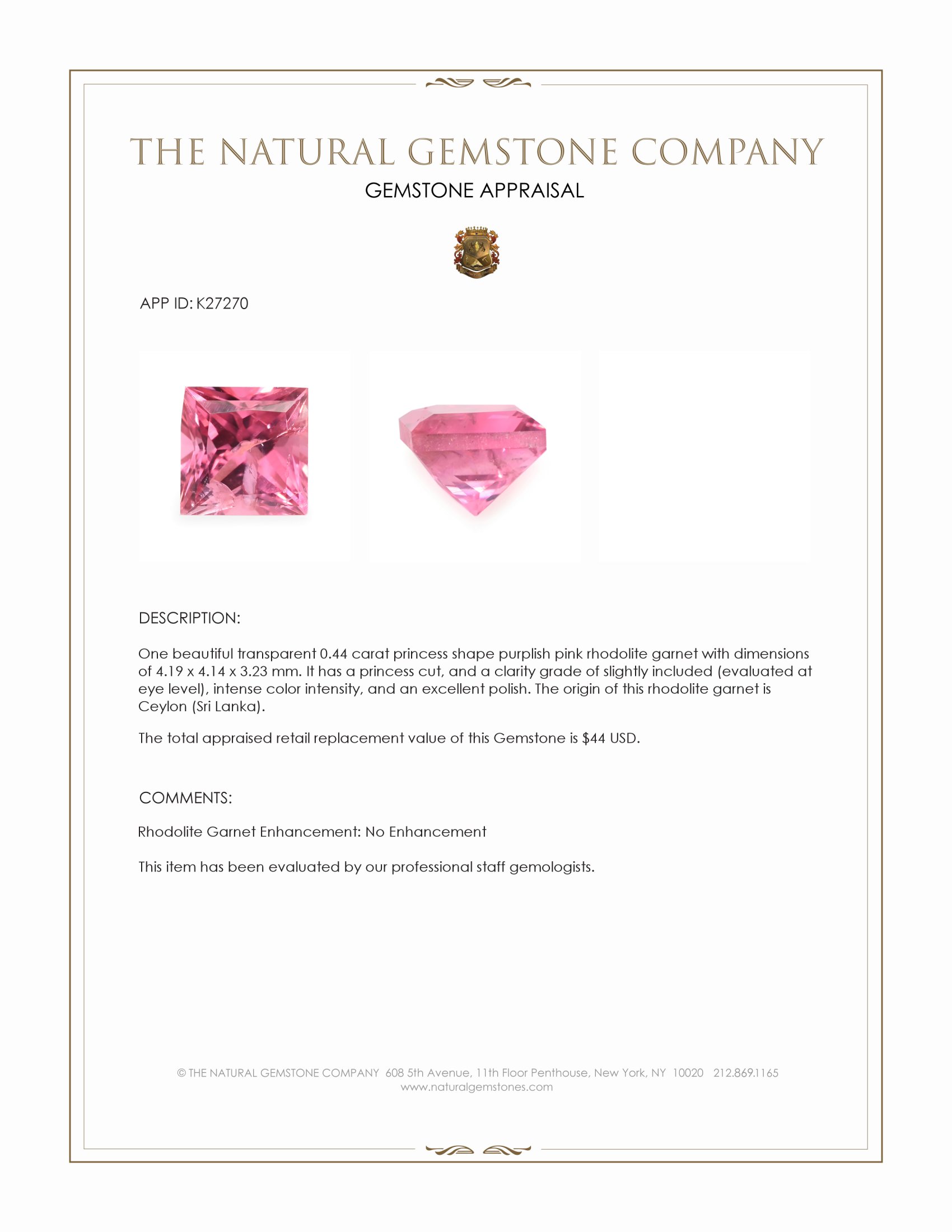 0.44 Ct. Purplish Pink Rhodolite Garnet from Ceylon (Sri Lanka)
