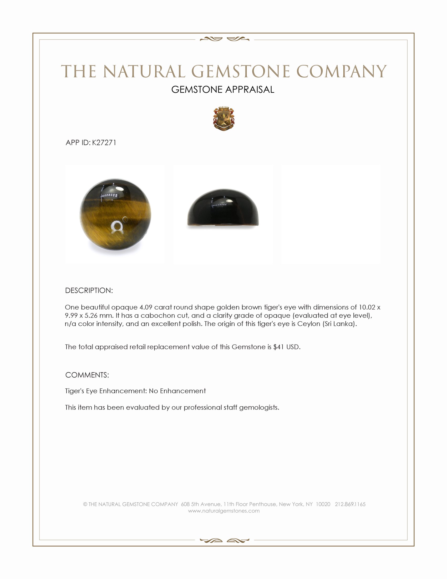 4.09 Ct. Cabochon Tiger's Eye from Ceylon (Sri Lanka)
