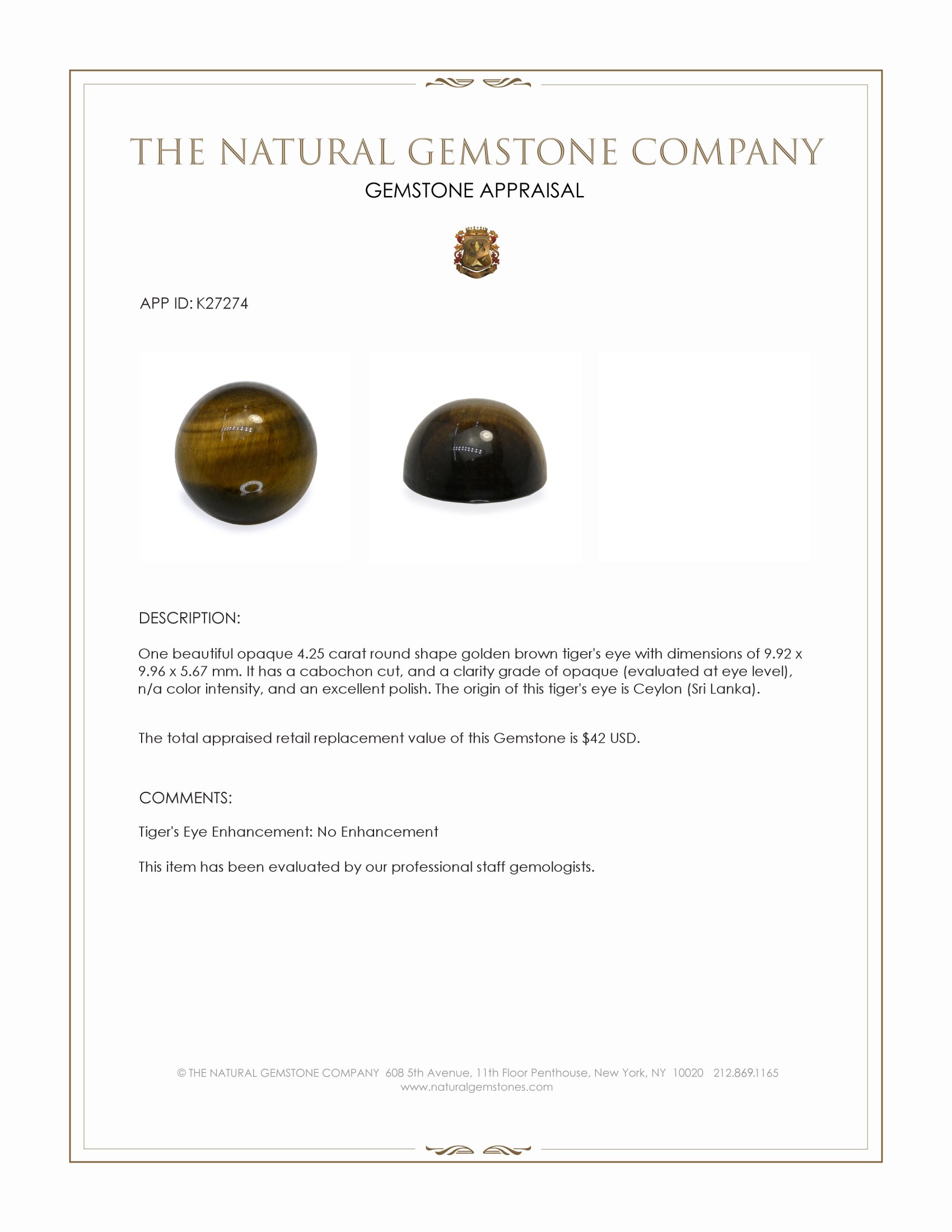 4.25 Ct. Cabochon Tiger's Eye from Ceylon (Sri Lanka)