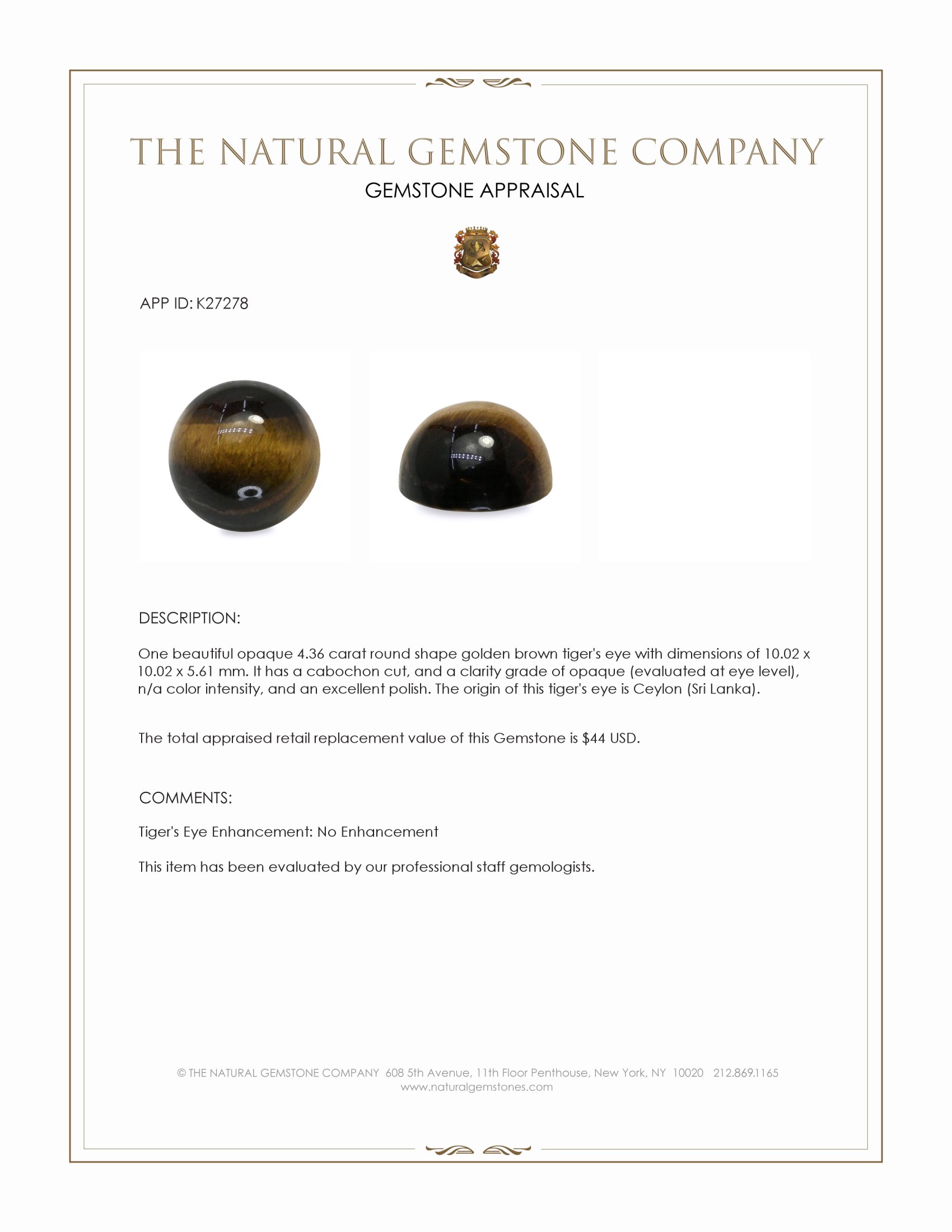 4.36 Ct. Cabochon Tiger's Eye from Ceylon (Sri Lanka)
