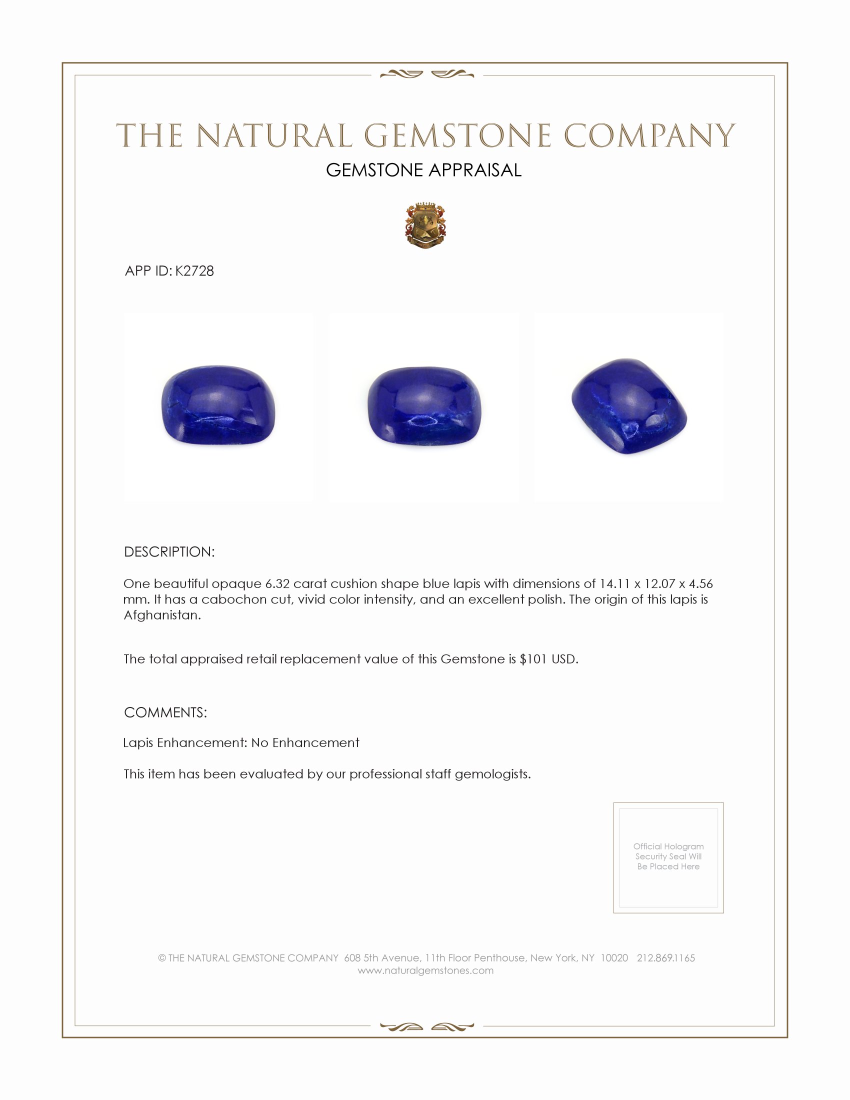 6.32 Ct. Cabochon Lapis from Afghanistan