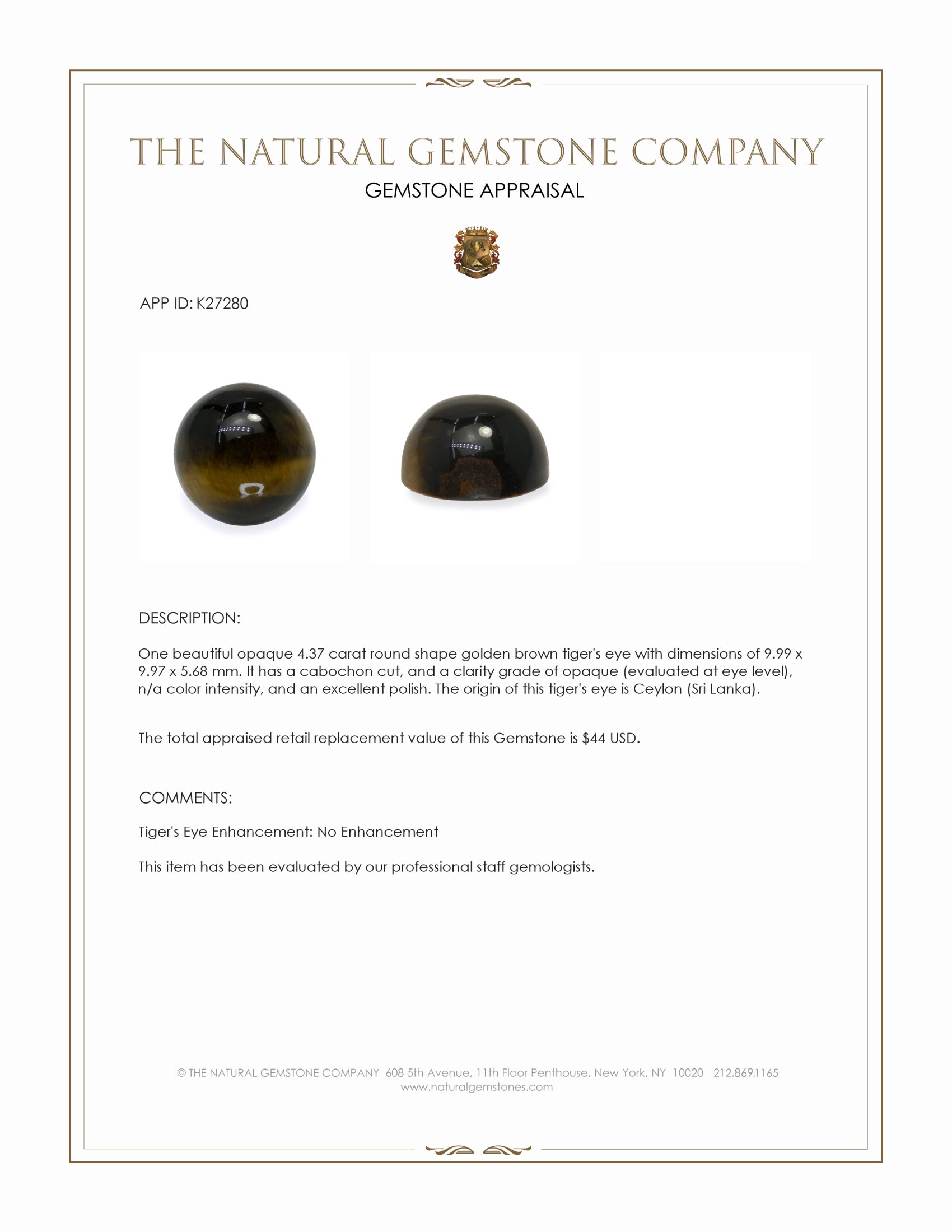 4.37 Ct. Cabochon Tiger's Eye from Ceylon (Sri Lanka)