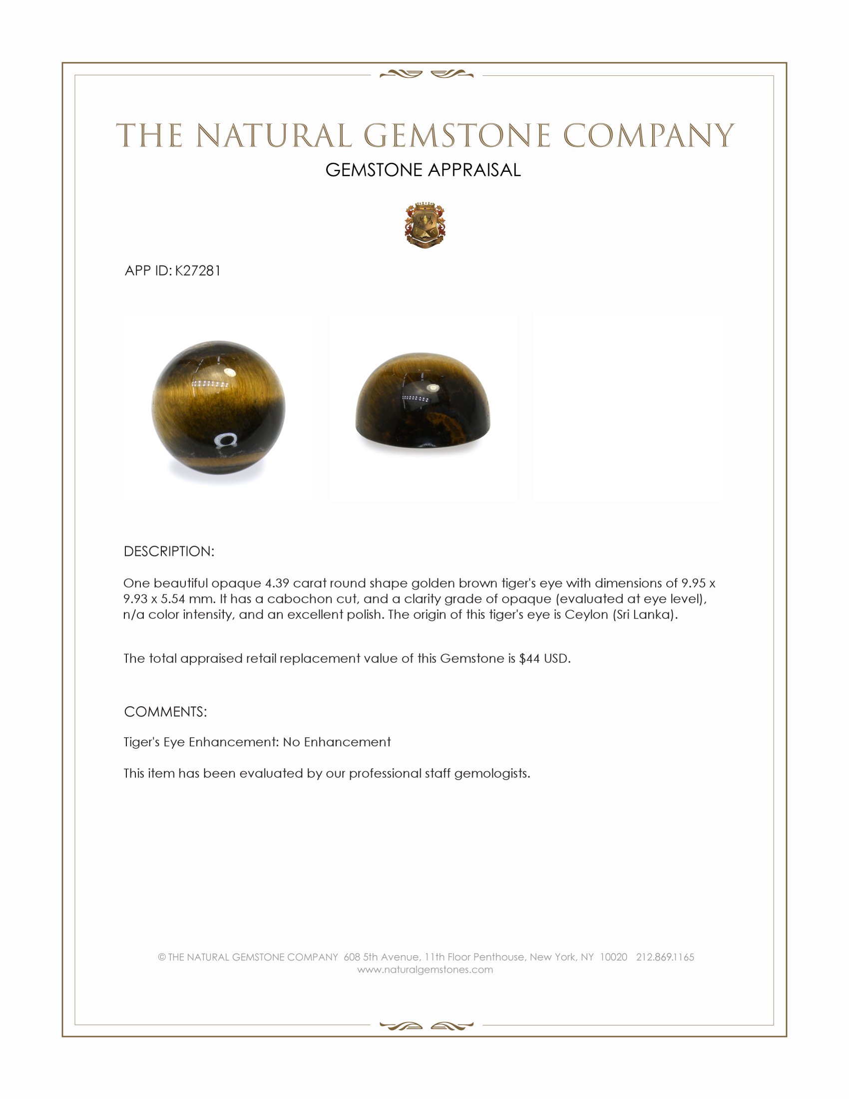 4.39 Ct. Cabochon Tiger's Eye from Ceylon (Sri Lanka)