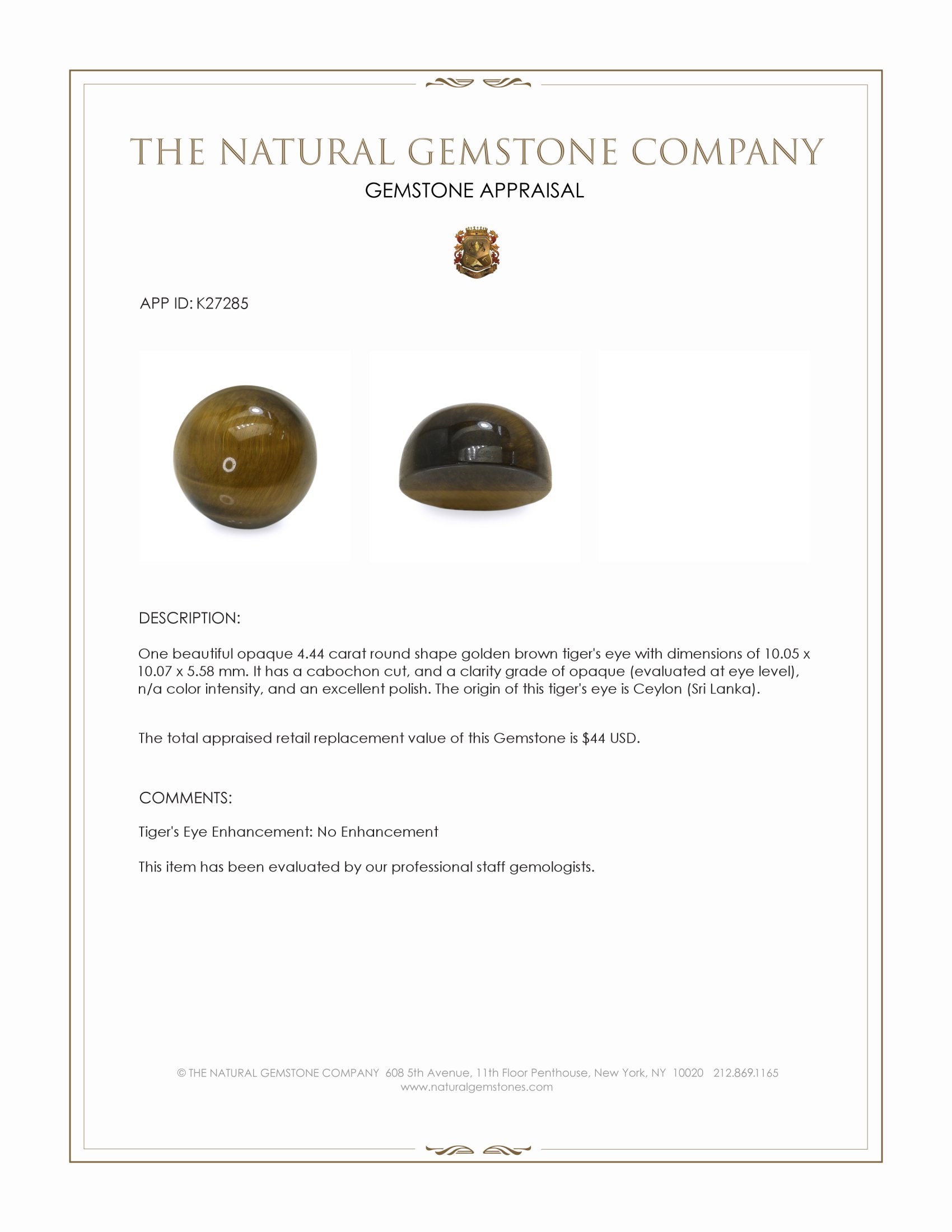 4.44 Ct. Cabochon Tiger's Eye from Ceylon (Sri Lanka)