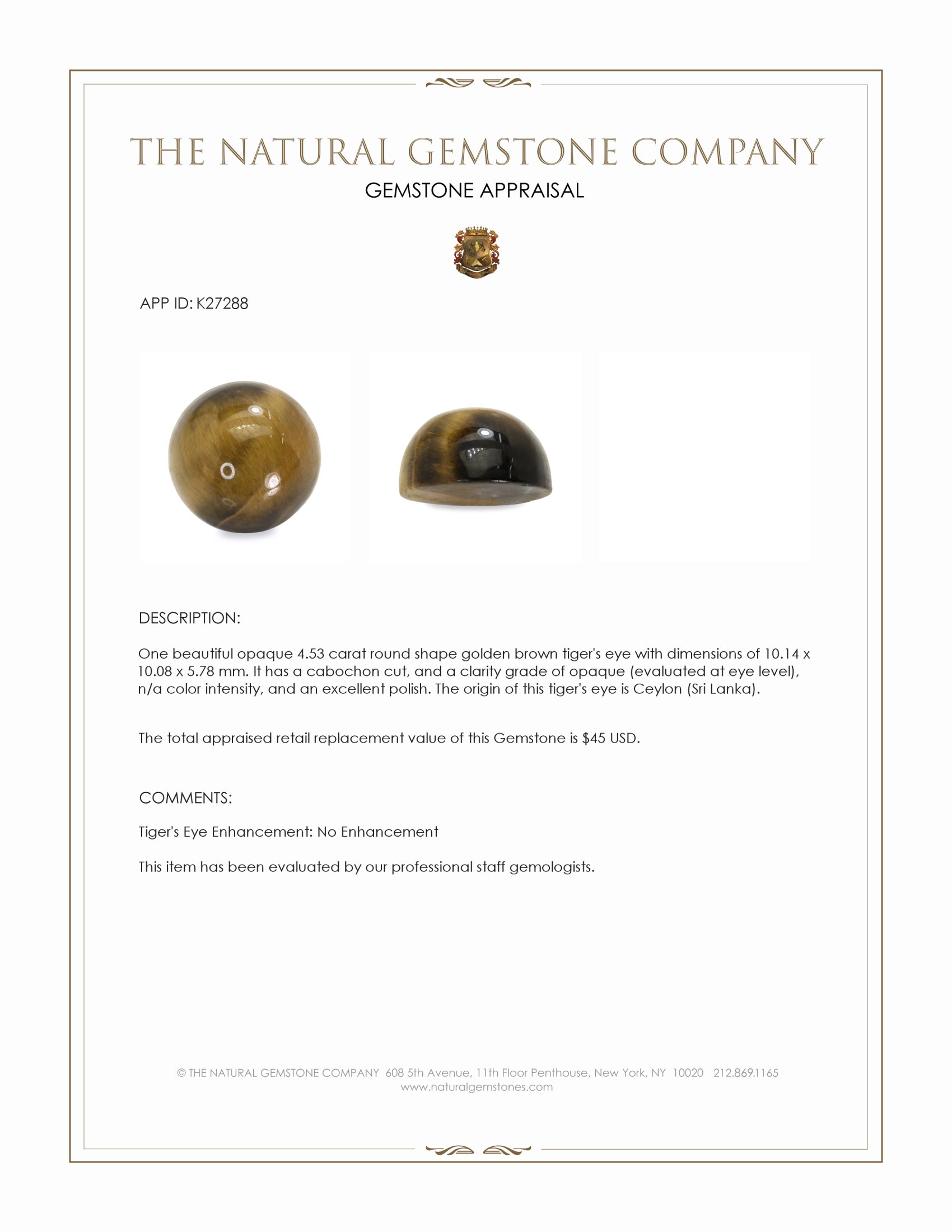 4.53 Ct. Cabochon Tiger's Eye from Ceylon (Sri Lanka)