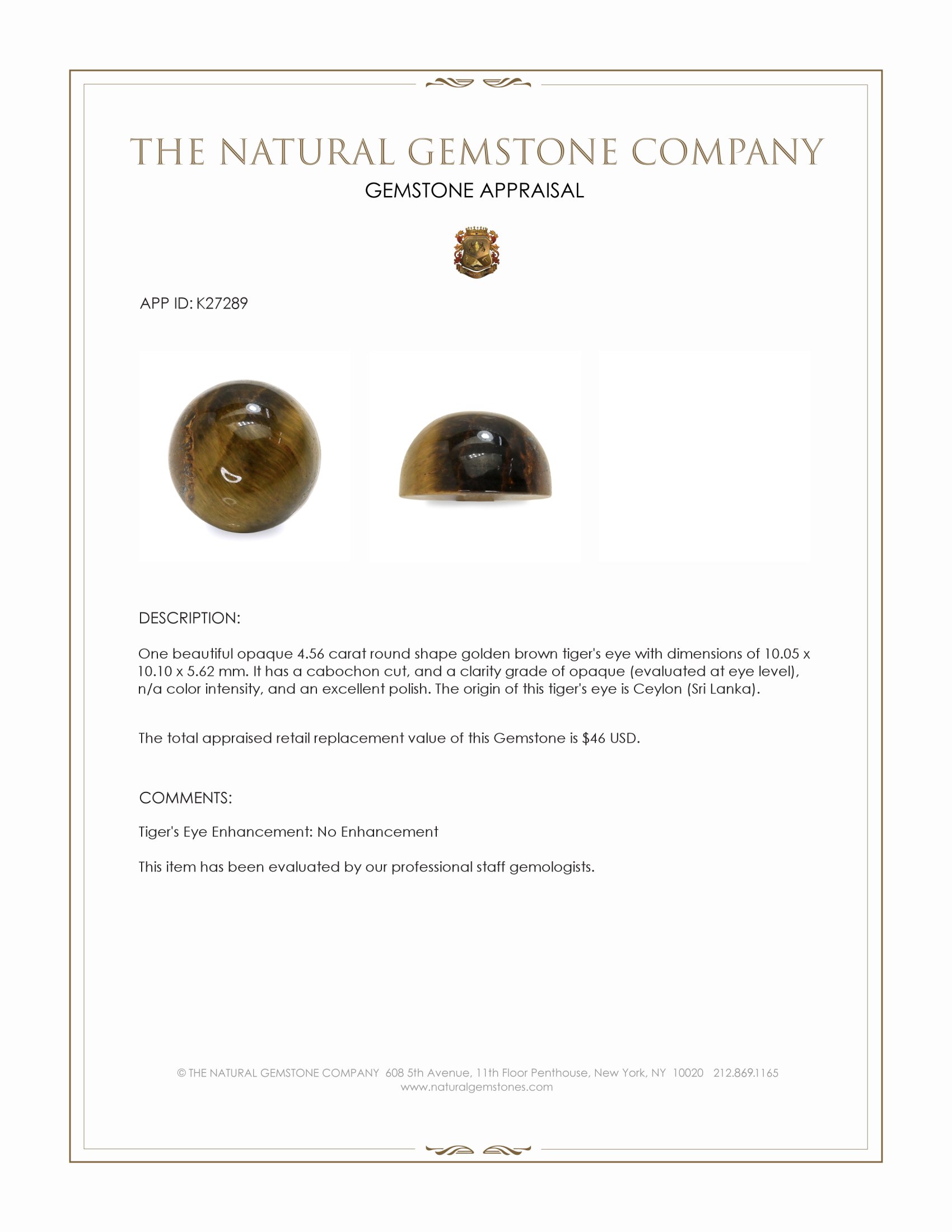 4.56 Ct. Cabochon Tiger's Eye from Ceylon (Sri Lanka)