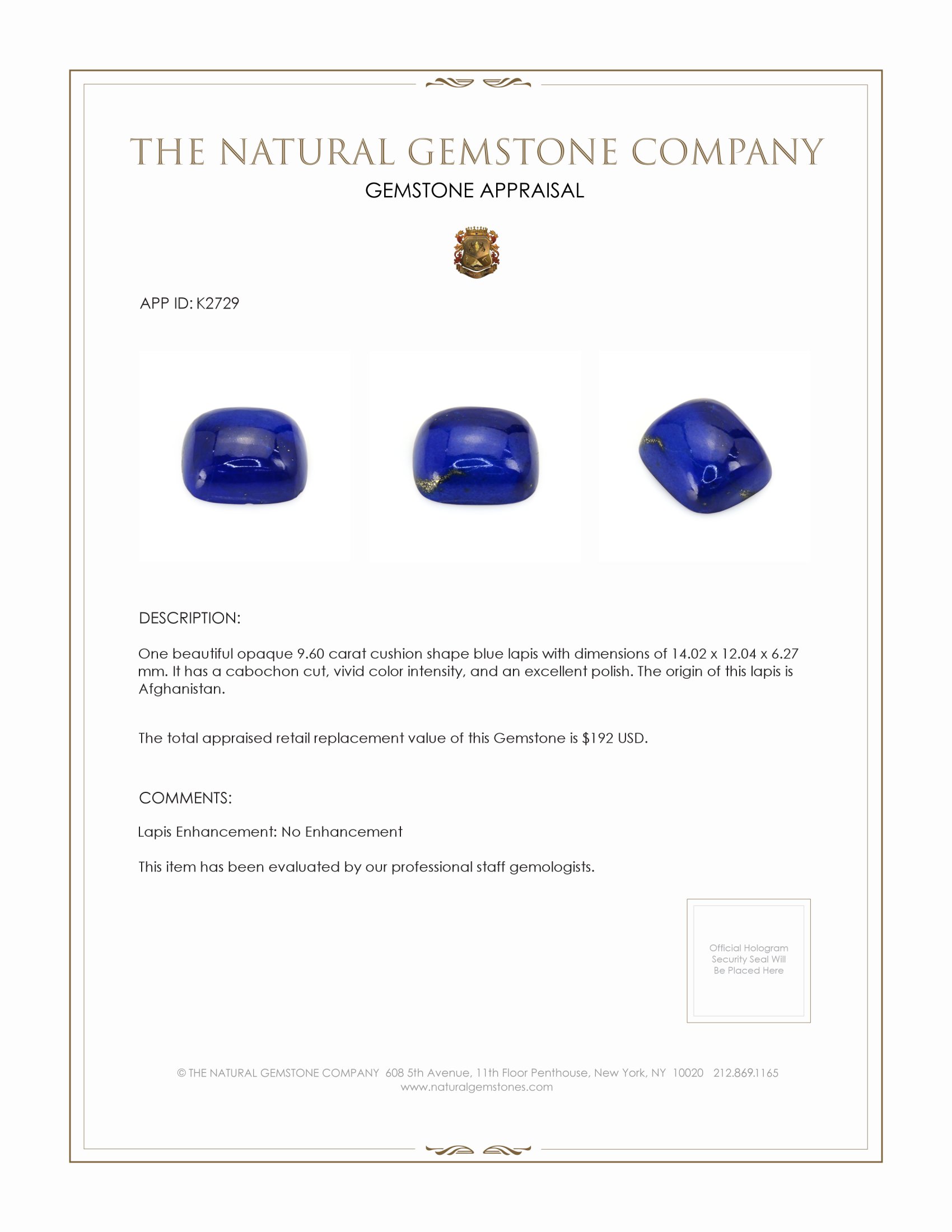 9.60 Ct. Cabochon Lapis from Afghanistan