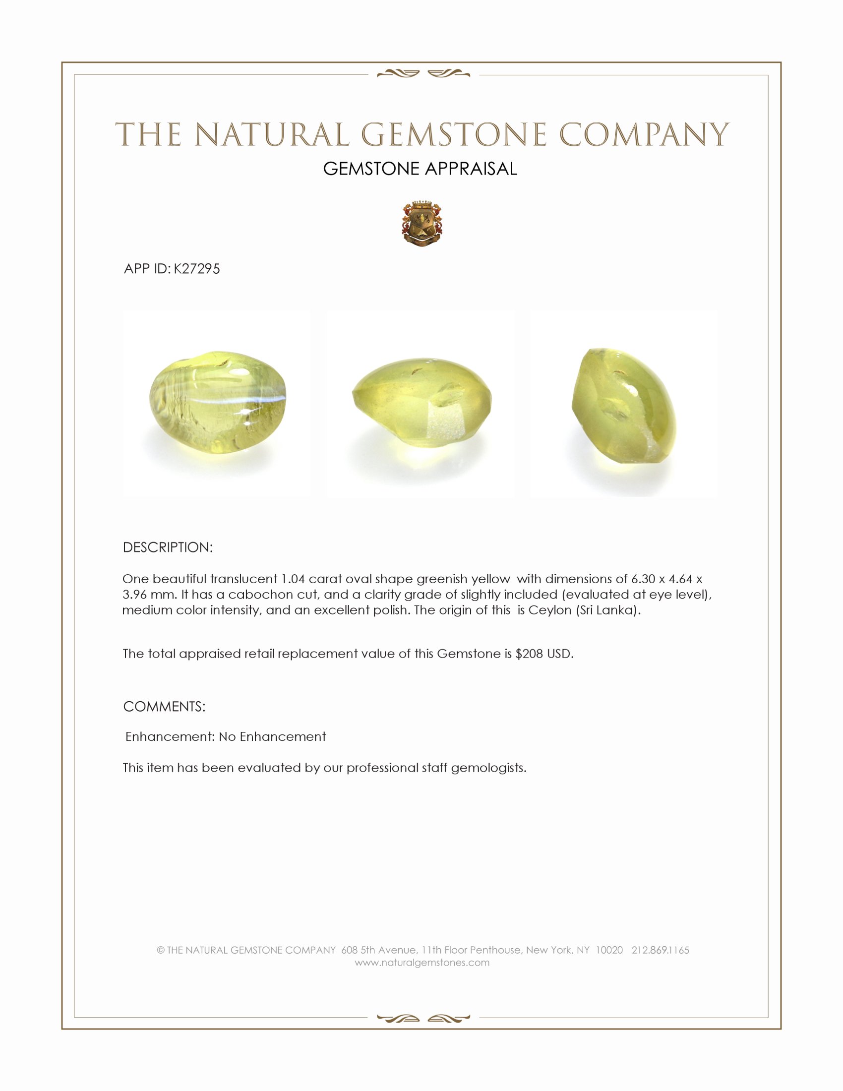 1.04 Ct. Greenish Yellow Cabochon Chrysoberyl from Ceylon (Sri Lanka)
