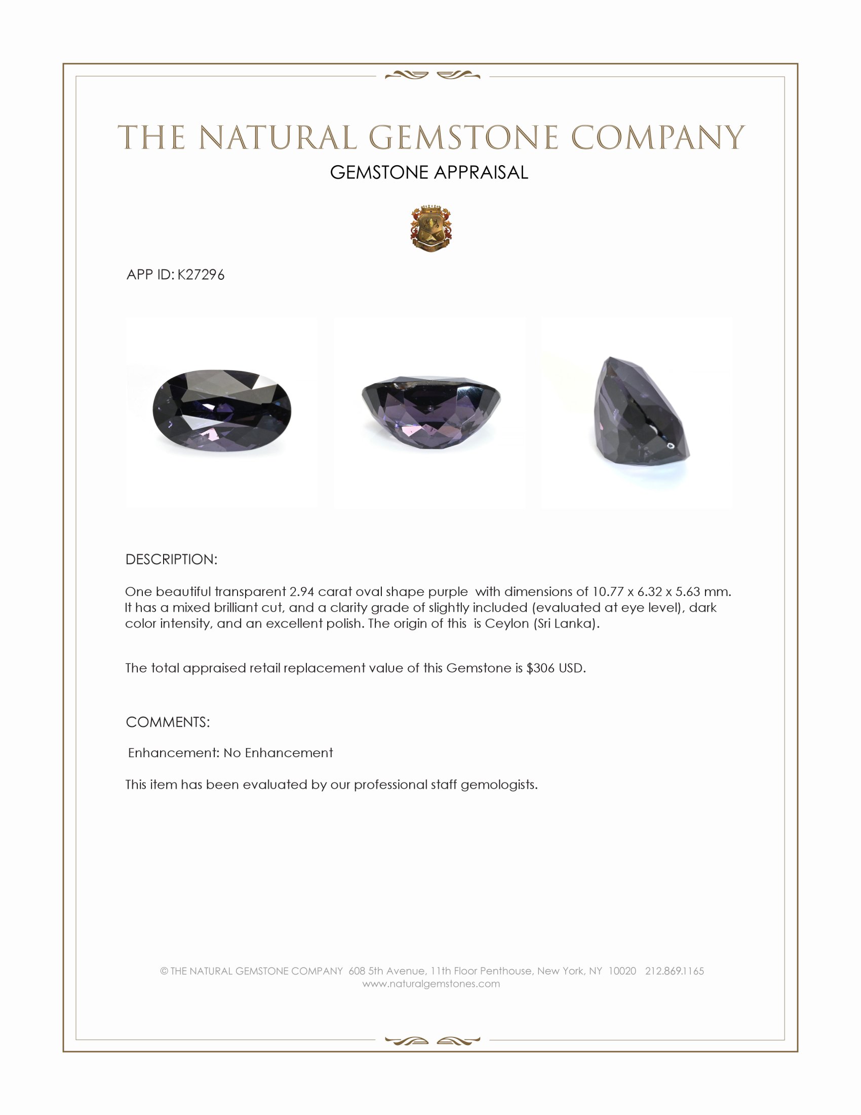 2.94 Ct. Purple Spinel from Ceylon (Sri Lanka)