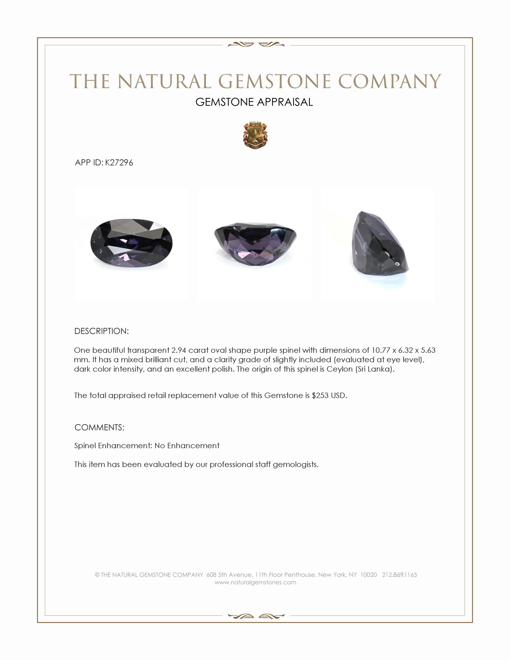 2.94 Ct. Purple Spinel from Ceylon (Sri Lanka)