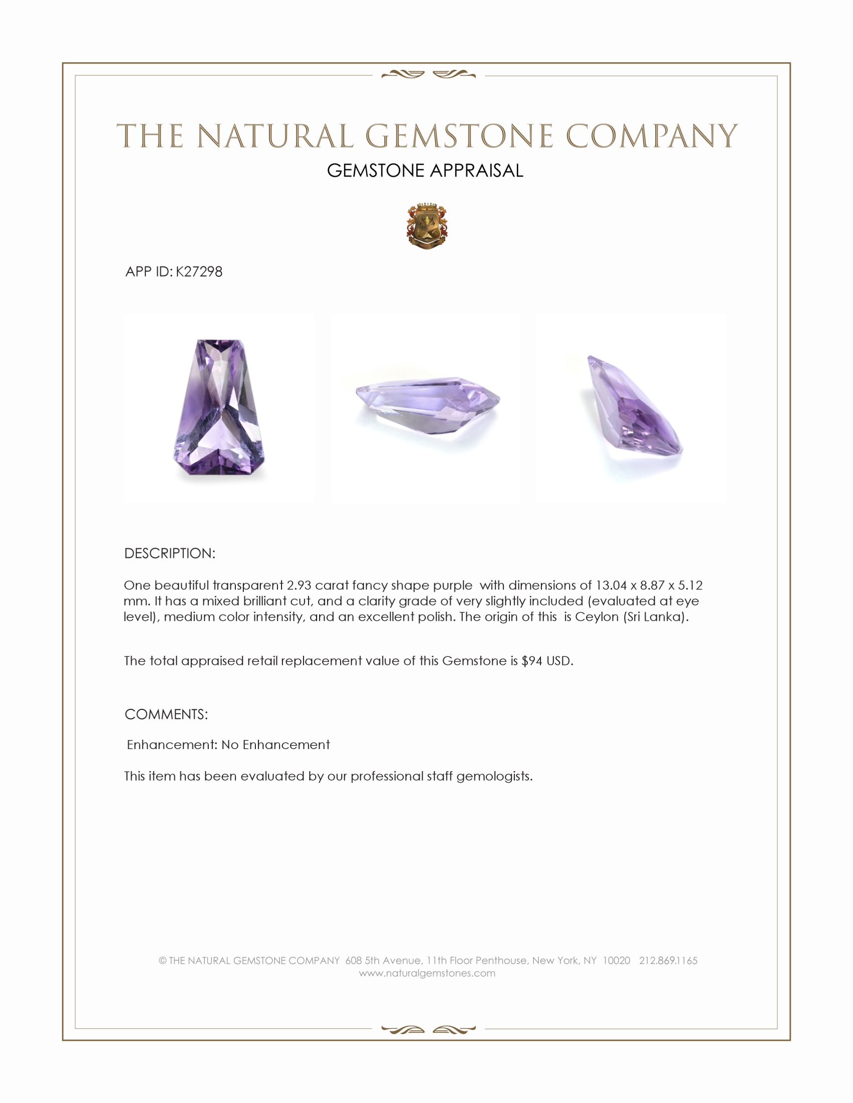 2.93 Ct. Purple Amethyst from Ceylon (Sri Lanka)