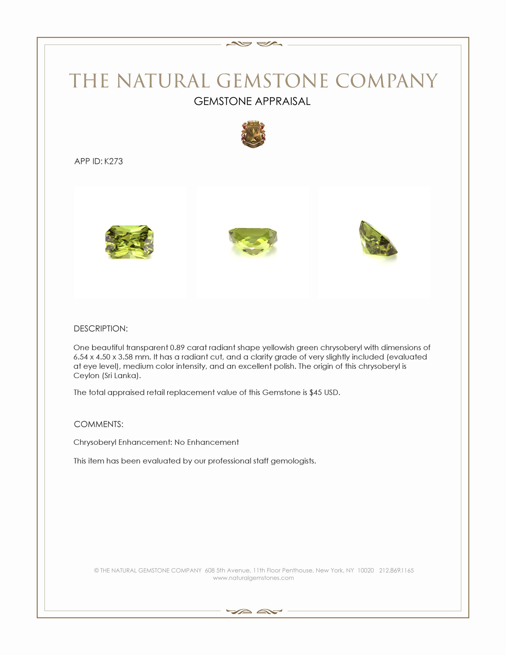 0.89 Ct. Yellowish Green Chrysoberyl from Ceylon (Sri Lanka)
