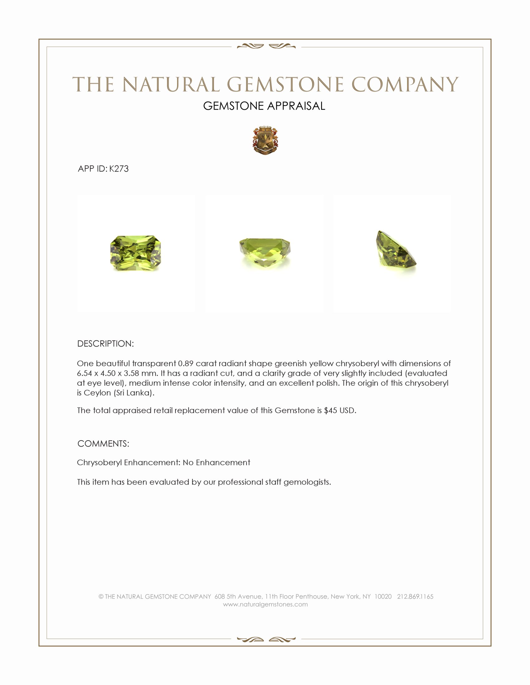 0.89 Ct. Chrysoberyl from Ceylon (Sri Lanka)