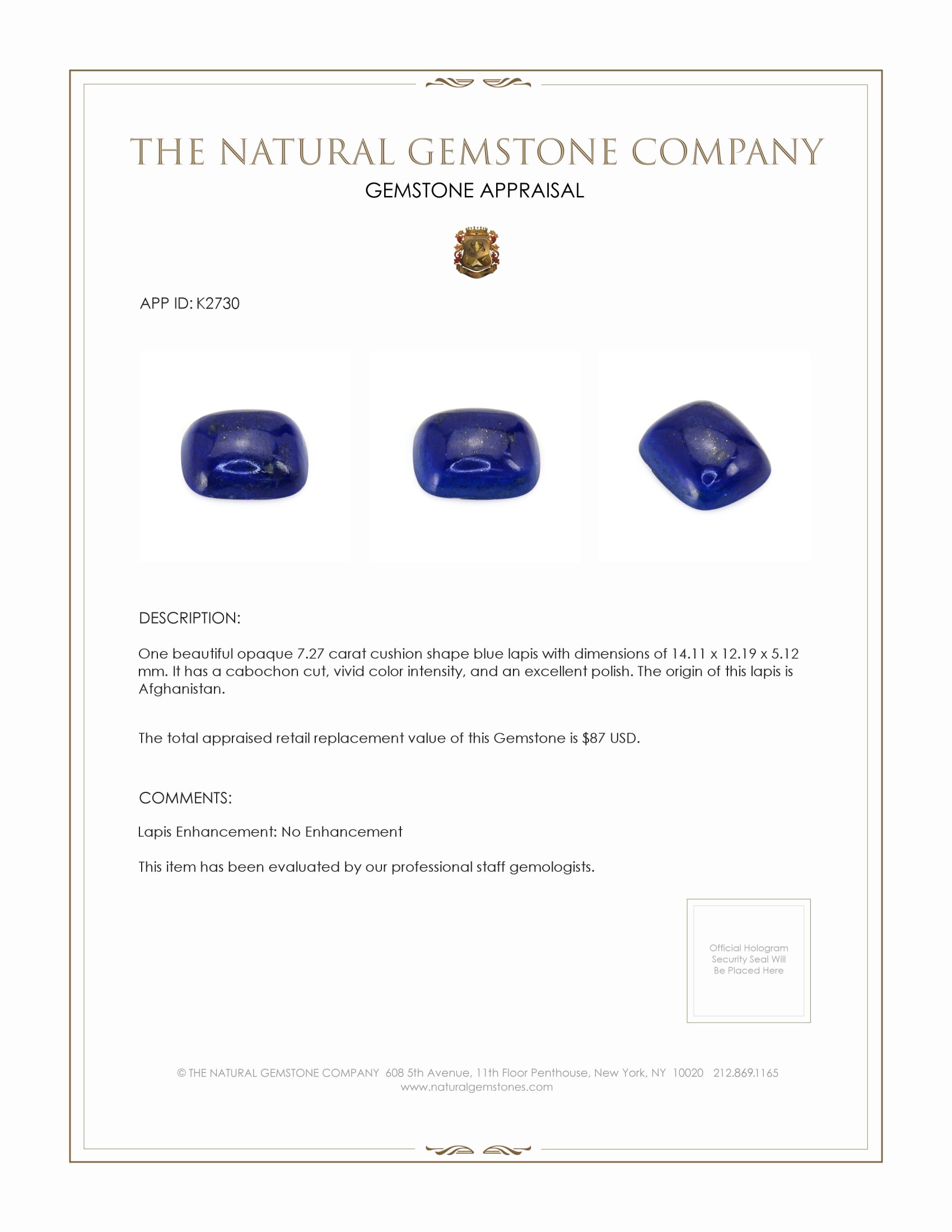 7.27 Ct. Cabochon Lapis from Afghanistan