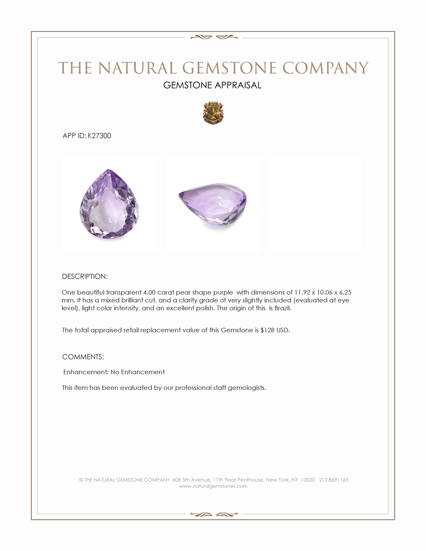 4.00 Ct. Purple Amethyst from Brazil
