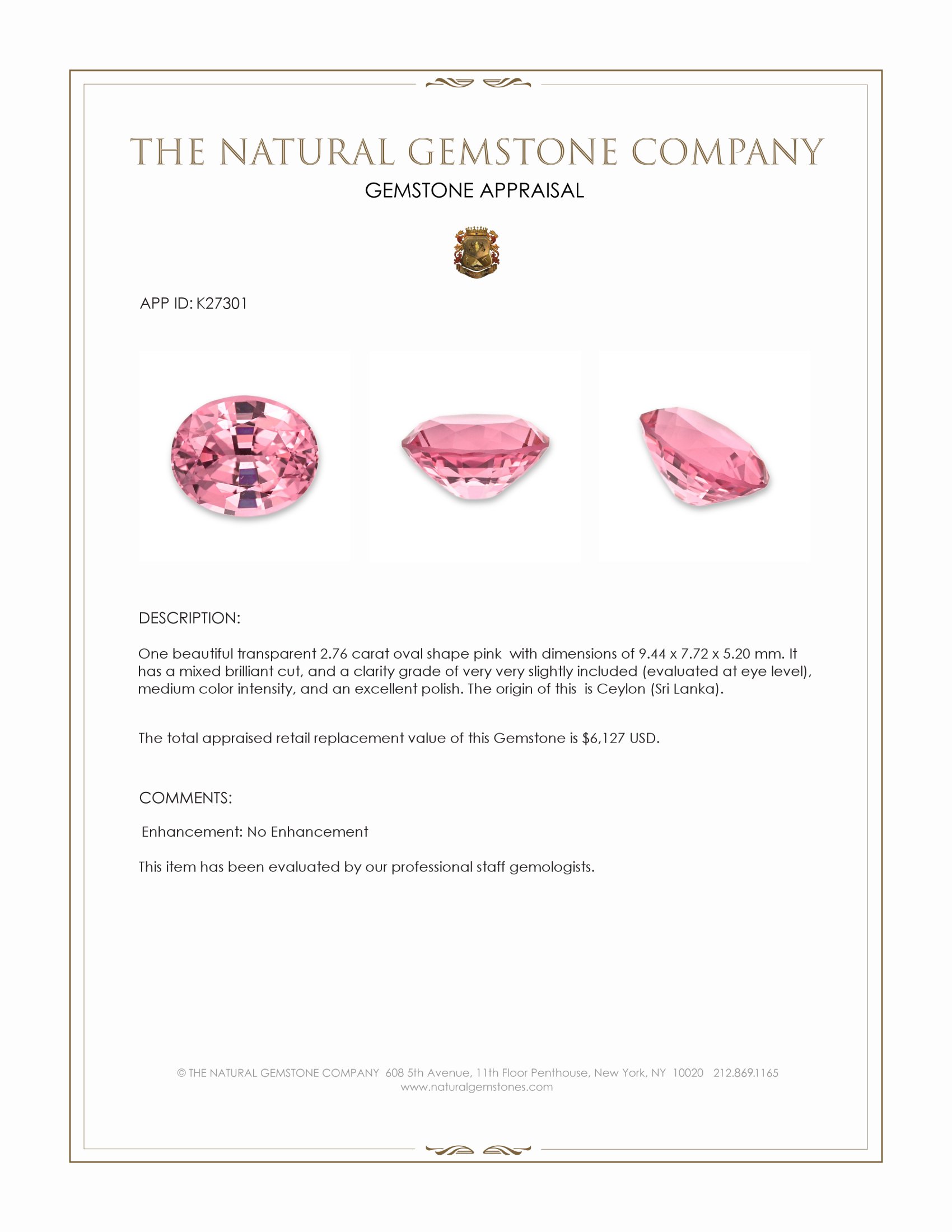 2.76 Ct. Pink Spinel from Ceylon (Sri Lanka)