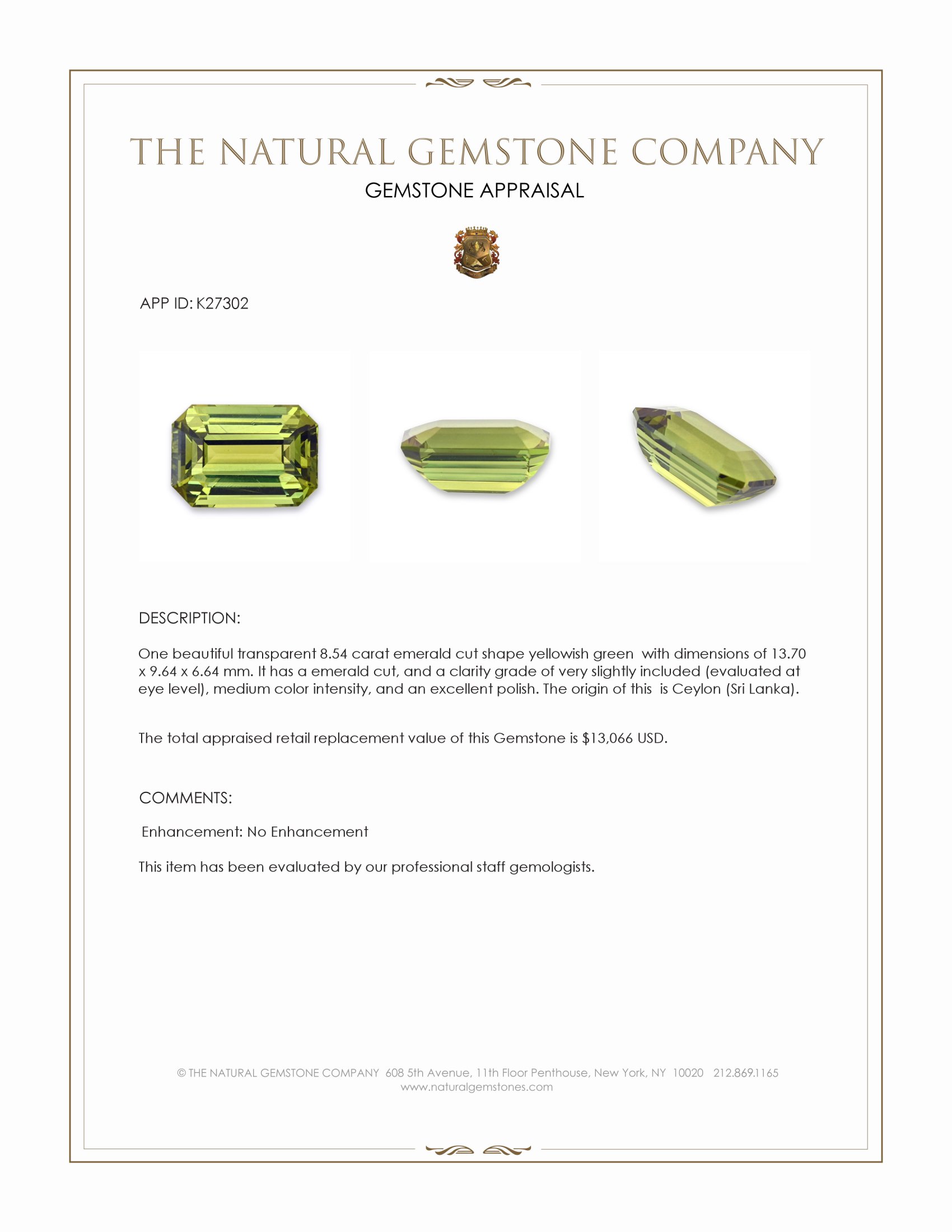 8.54 Ct. Yellowish Green Chrysoberyl from Ceylon (Sri Lanka)