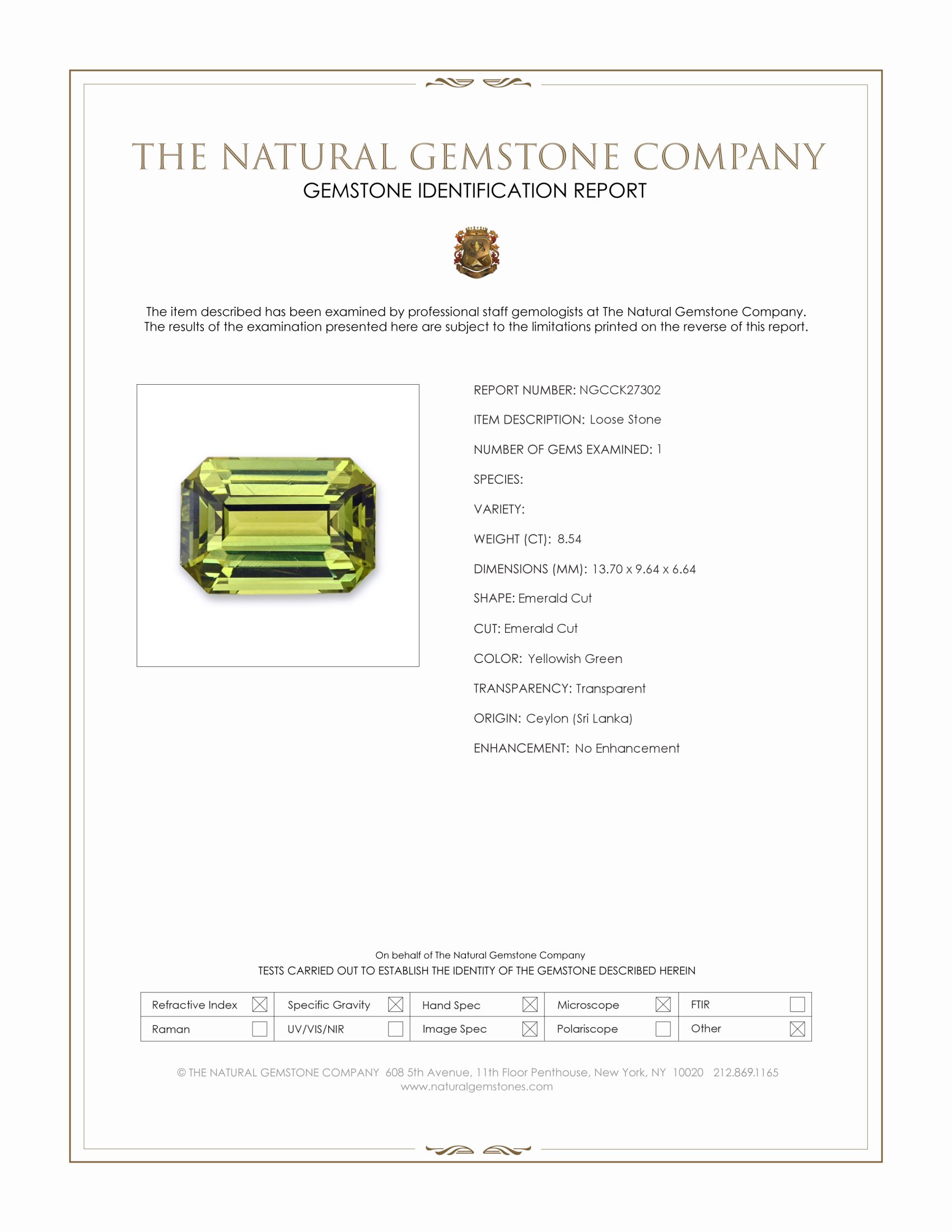 8.54 Ct. Yellowish Green Chrysoberyl from Ceylon (Sri Lanka)