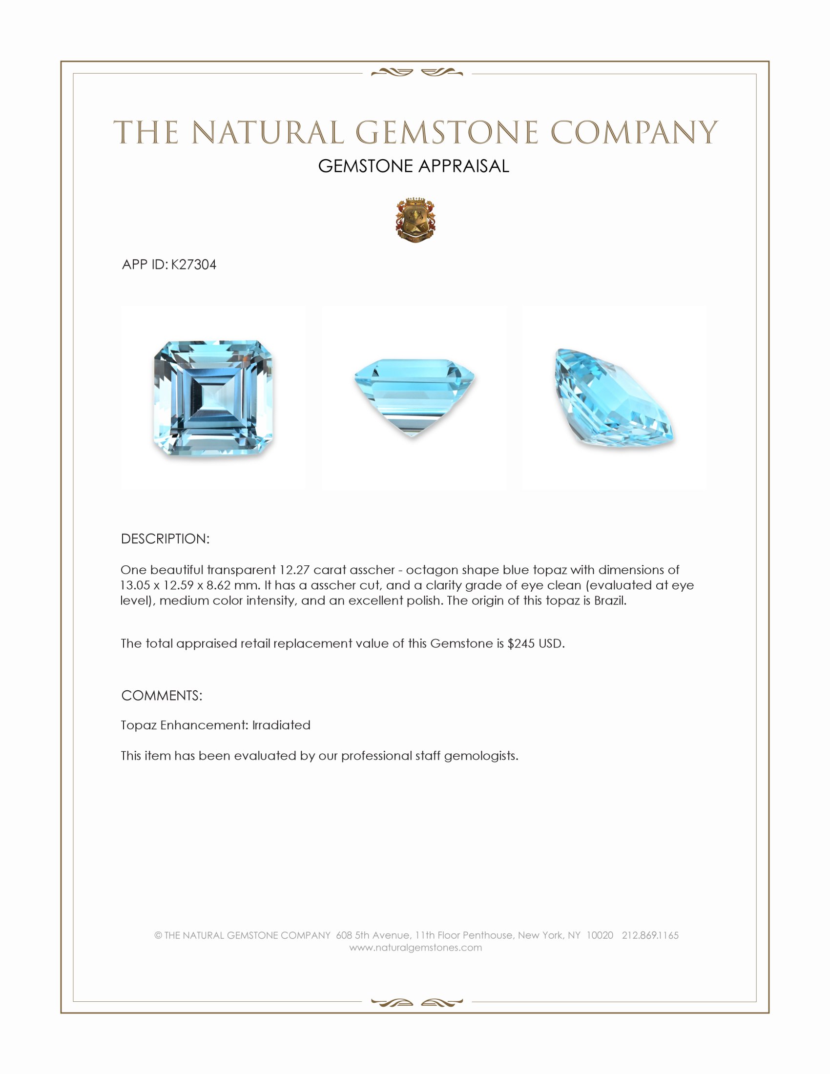 12.27 Ct. Blue Topaz from Brazil