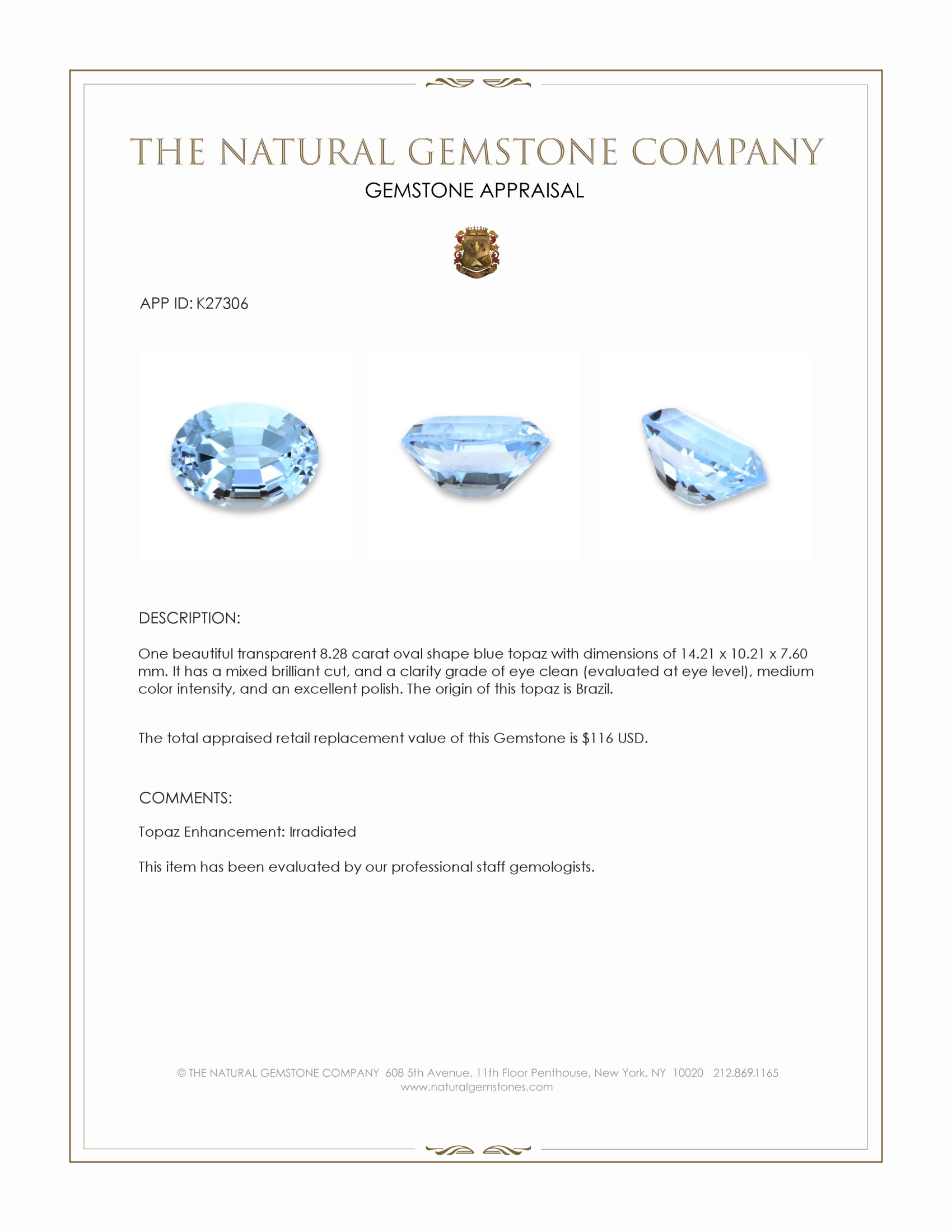 8.28 Ct. Blue Topaz from Brazil