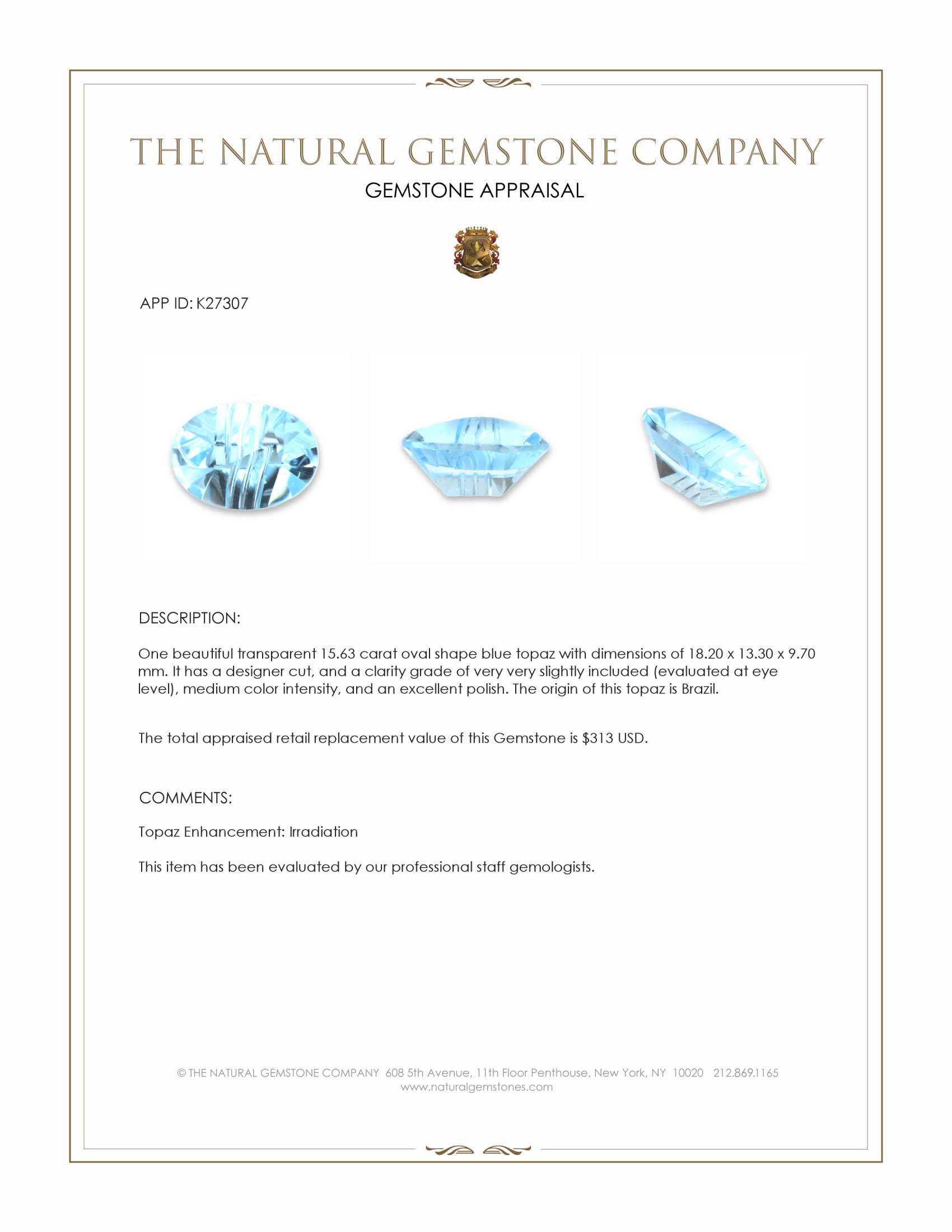 15.63 Ct. Blue Topaz from Brazil