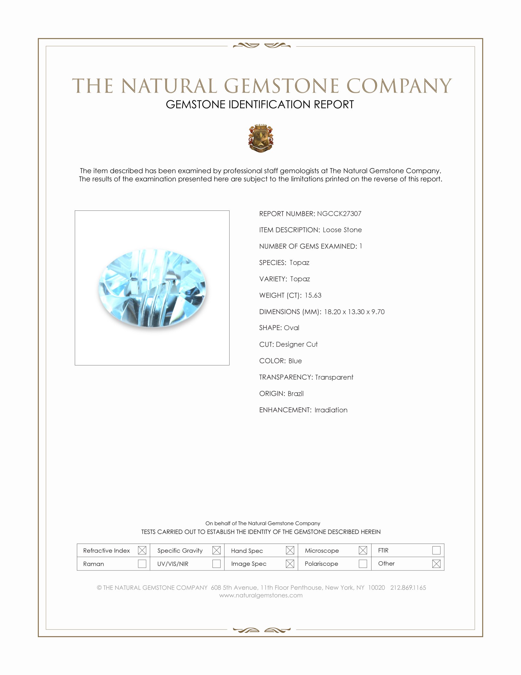 15.63 Ct. Blue Topaz from Brazil