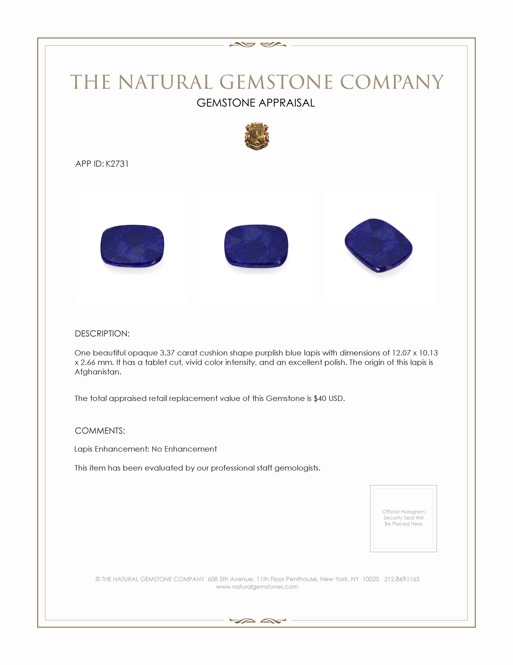 3.37 Ct. Lapis from Afghanistan