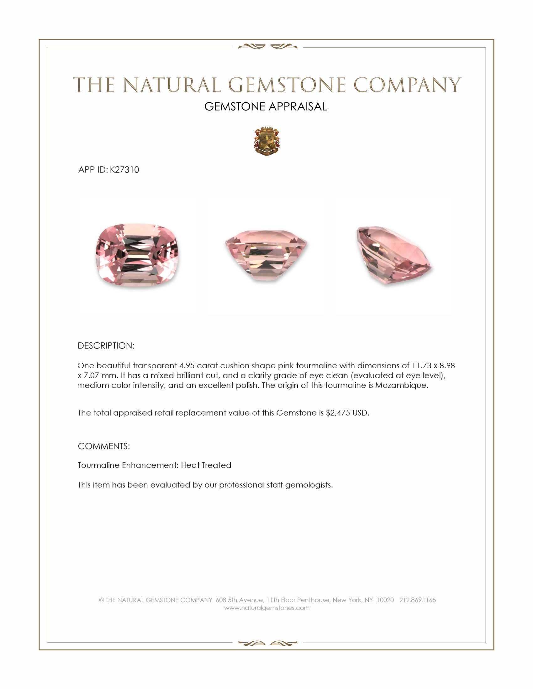4.95 Ct. Pink Tourmaline from Mozambique