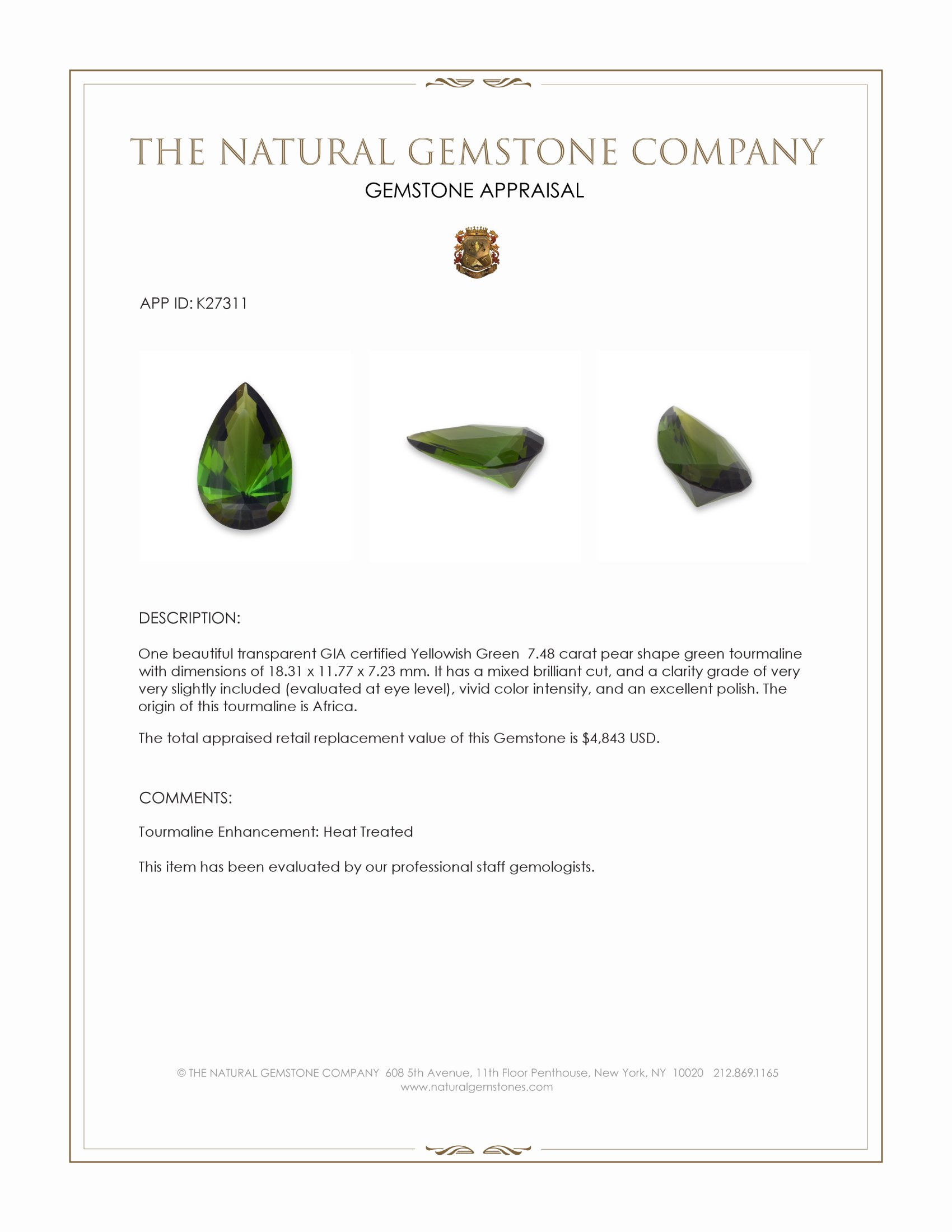 7.48 Ct. Green Tourmaline from Africa
