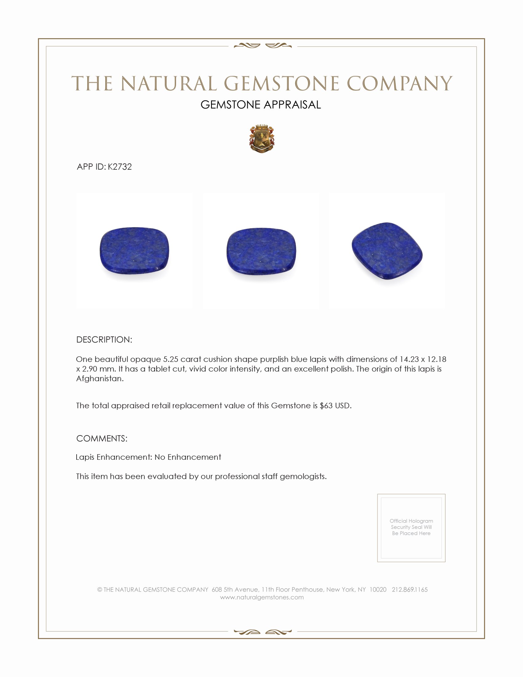 5.25 Ct. Lapis from Afghanistan