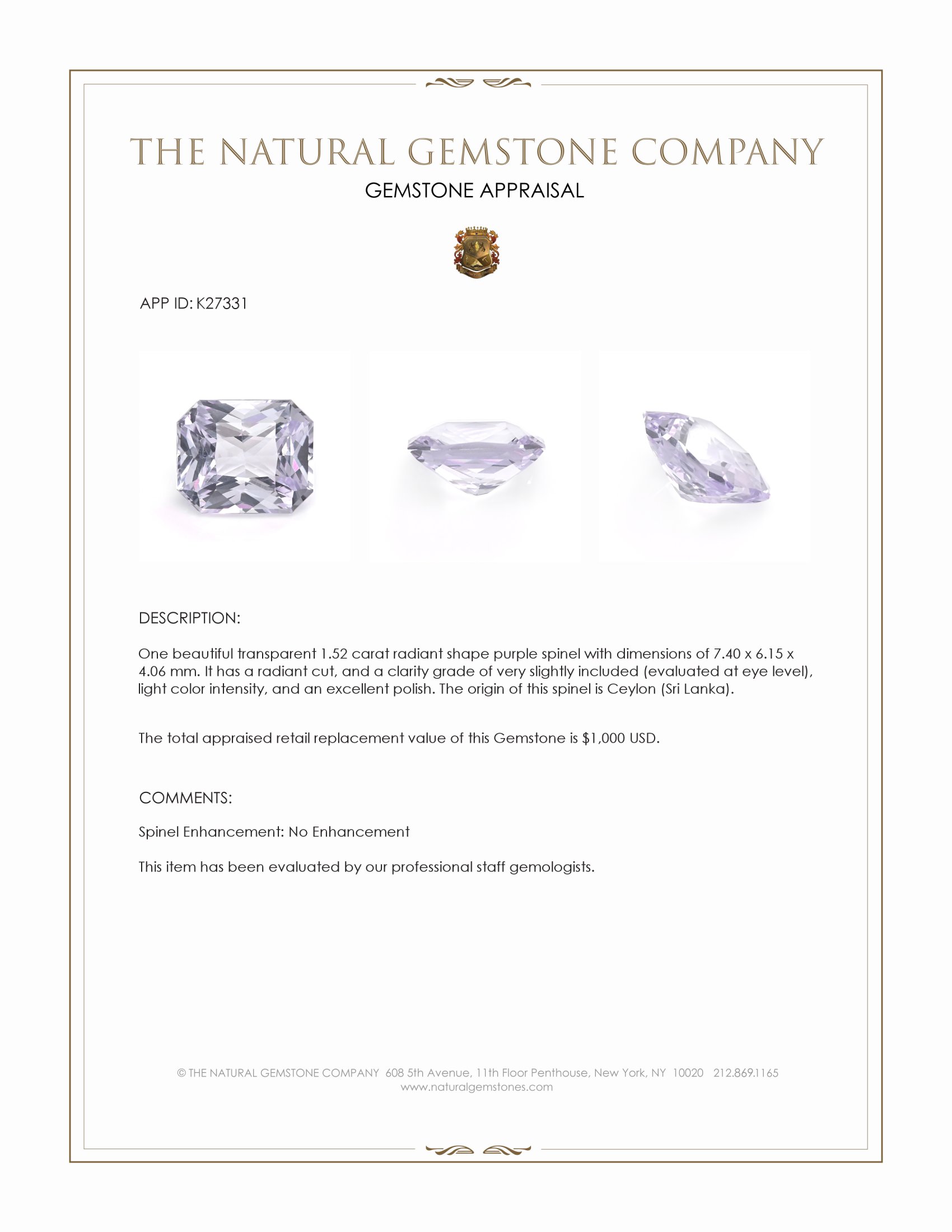 1.52 Ct. Purple Spinel from Ceylon (Sri Lanka)