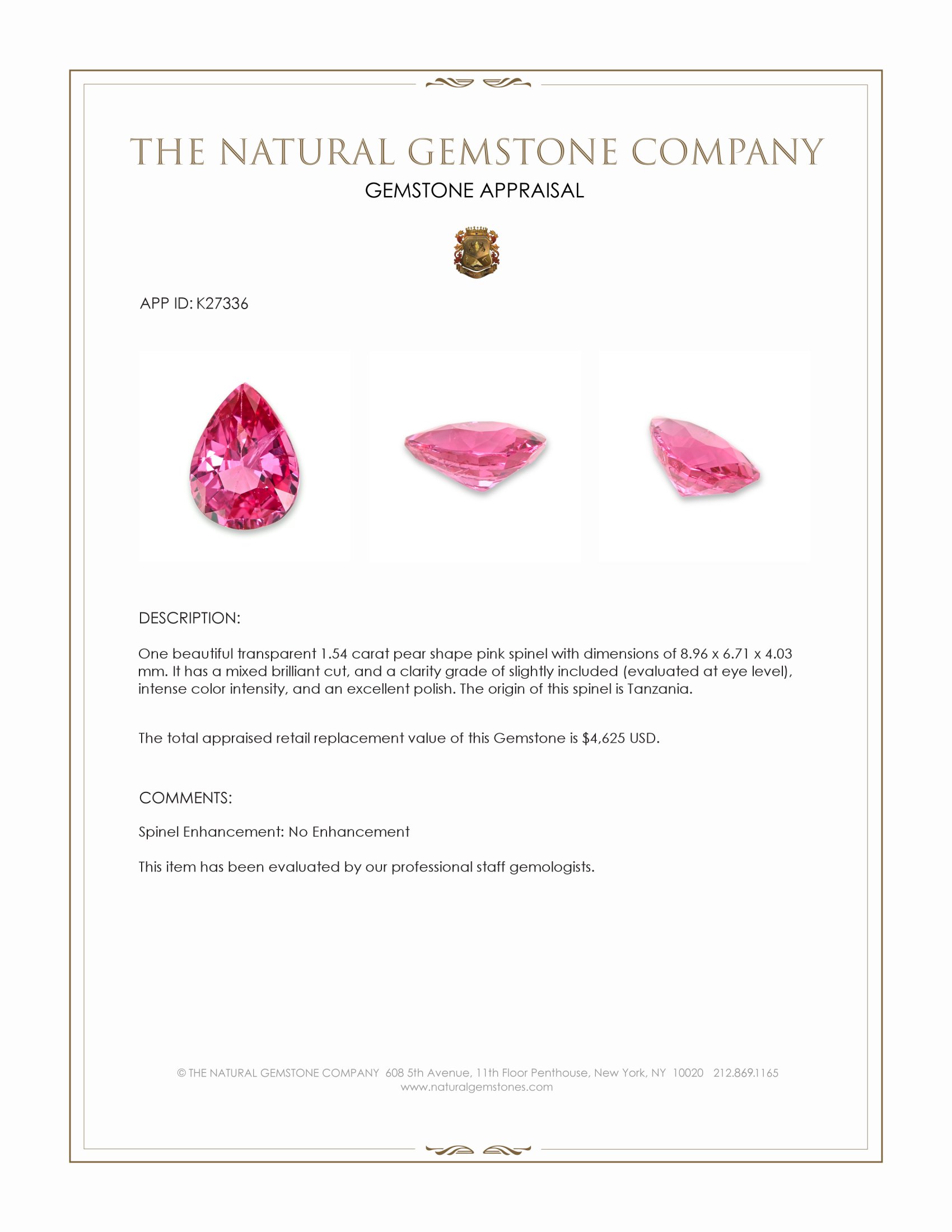 1.54 Ct. Pink Spinel from Tanzania