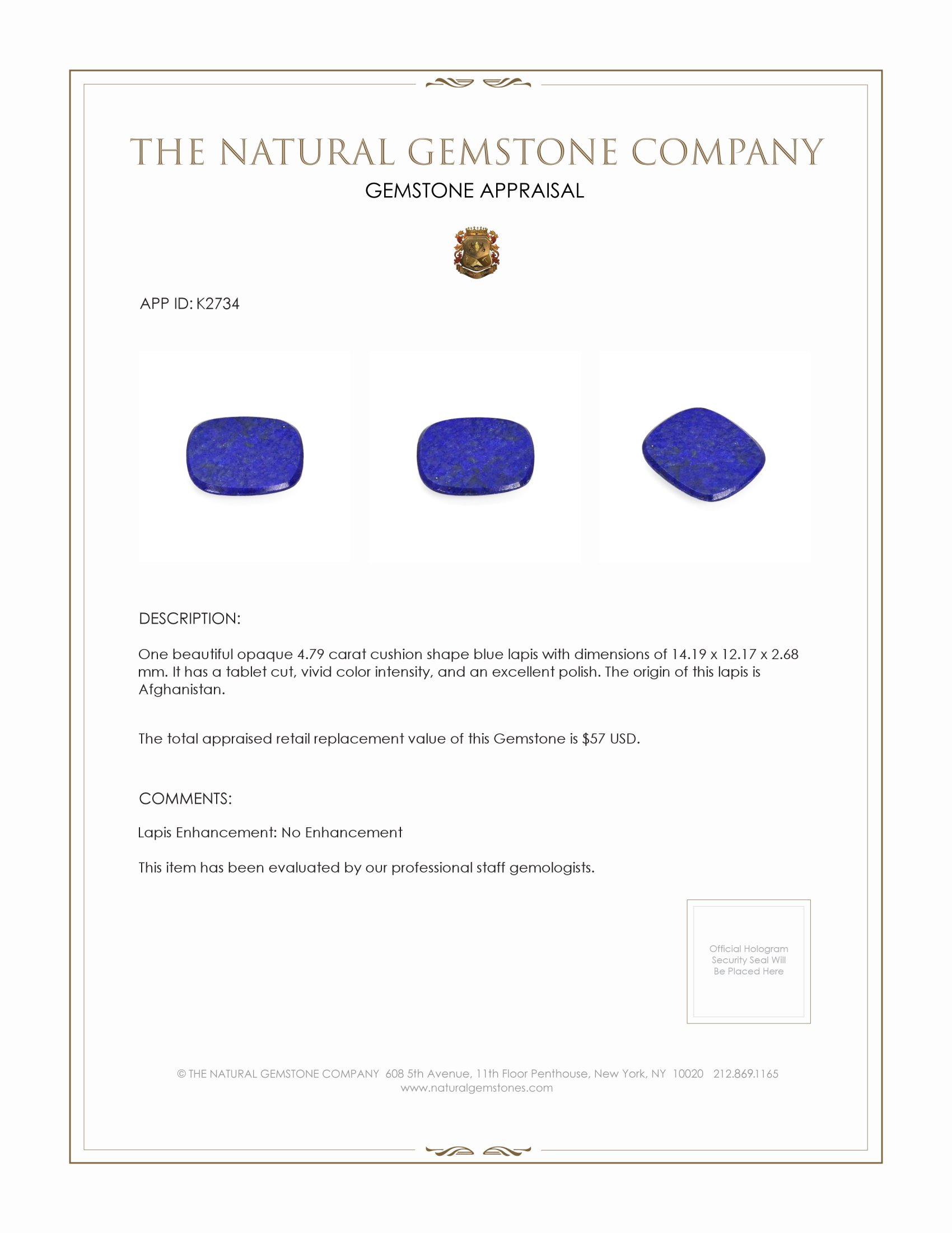 4.79 Ct. Lapis from Afghanistan
