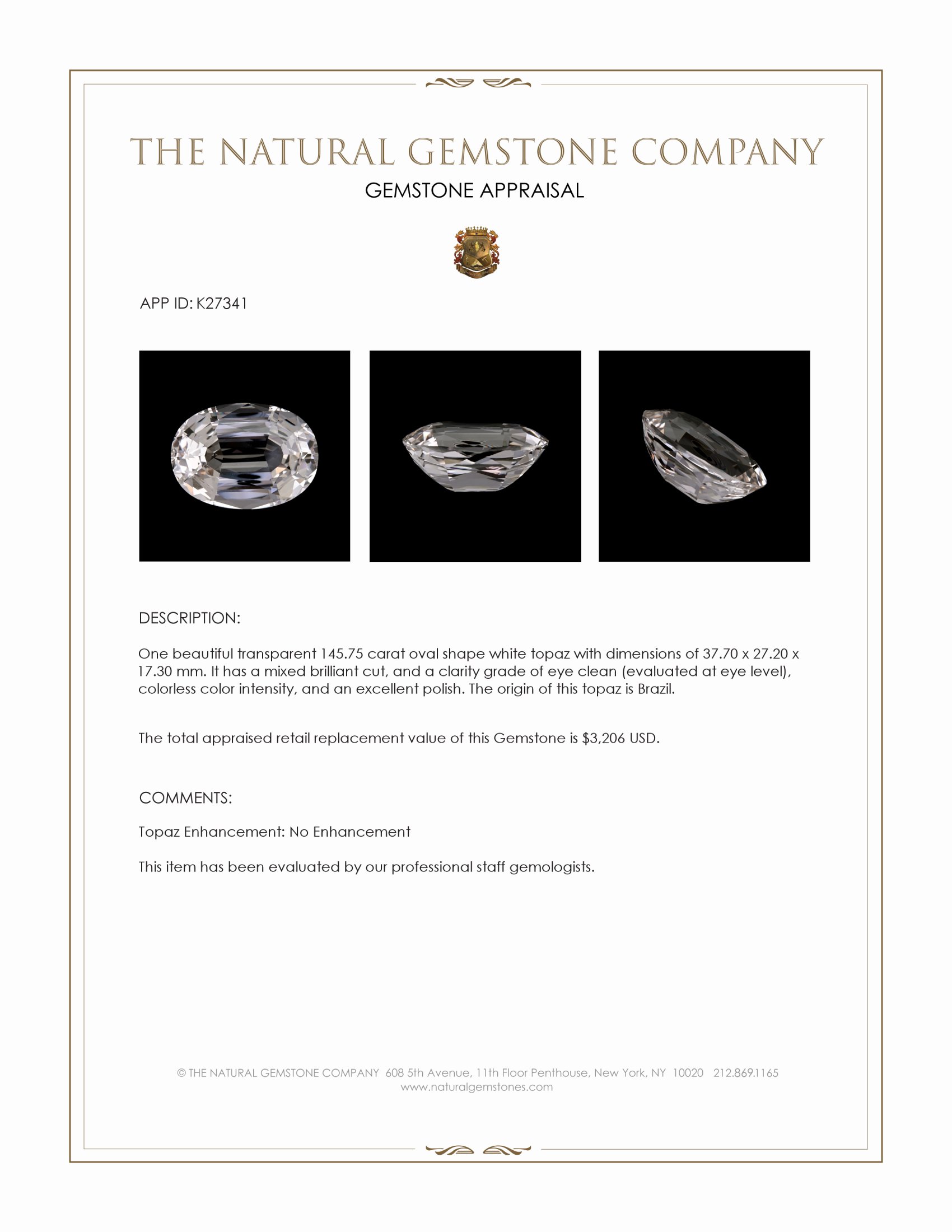 145.75 Ct. White Topaz from Brazil